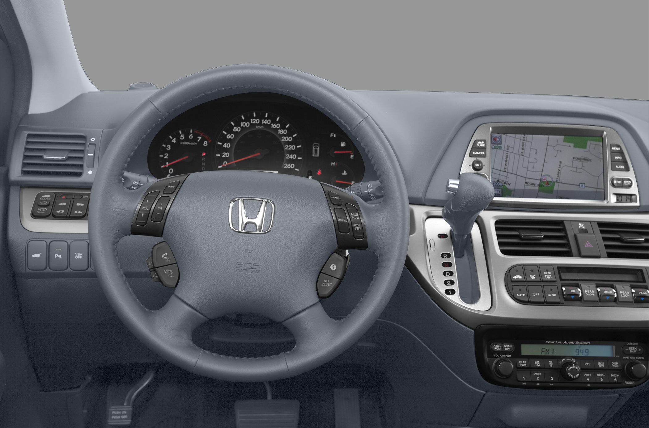 Steering wheel and dashboard with navigation screen