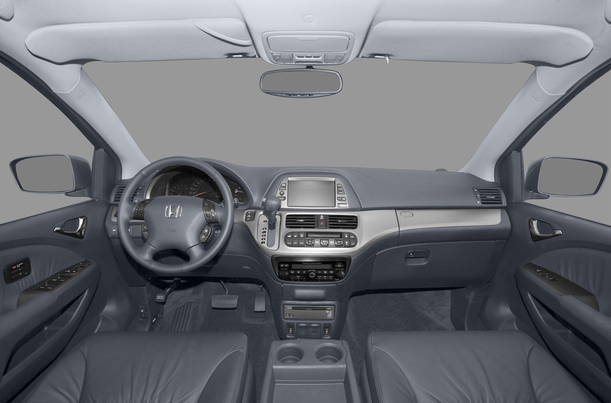 Minivan interior dashboard with steering wheel and center console