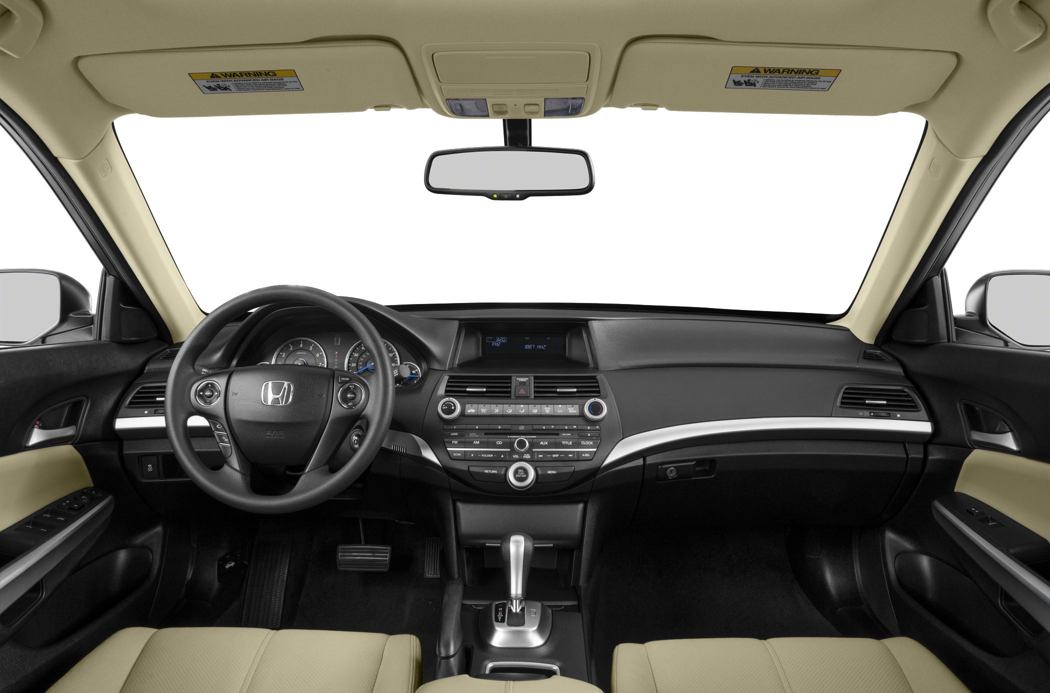 Dashboard, steering wheel, and center console interior view