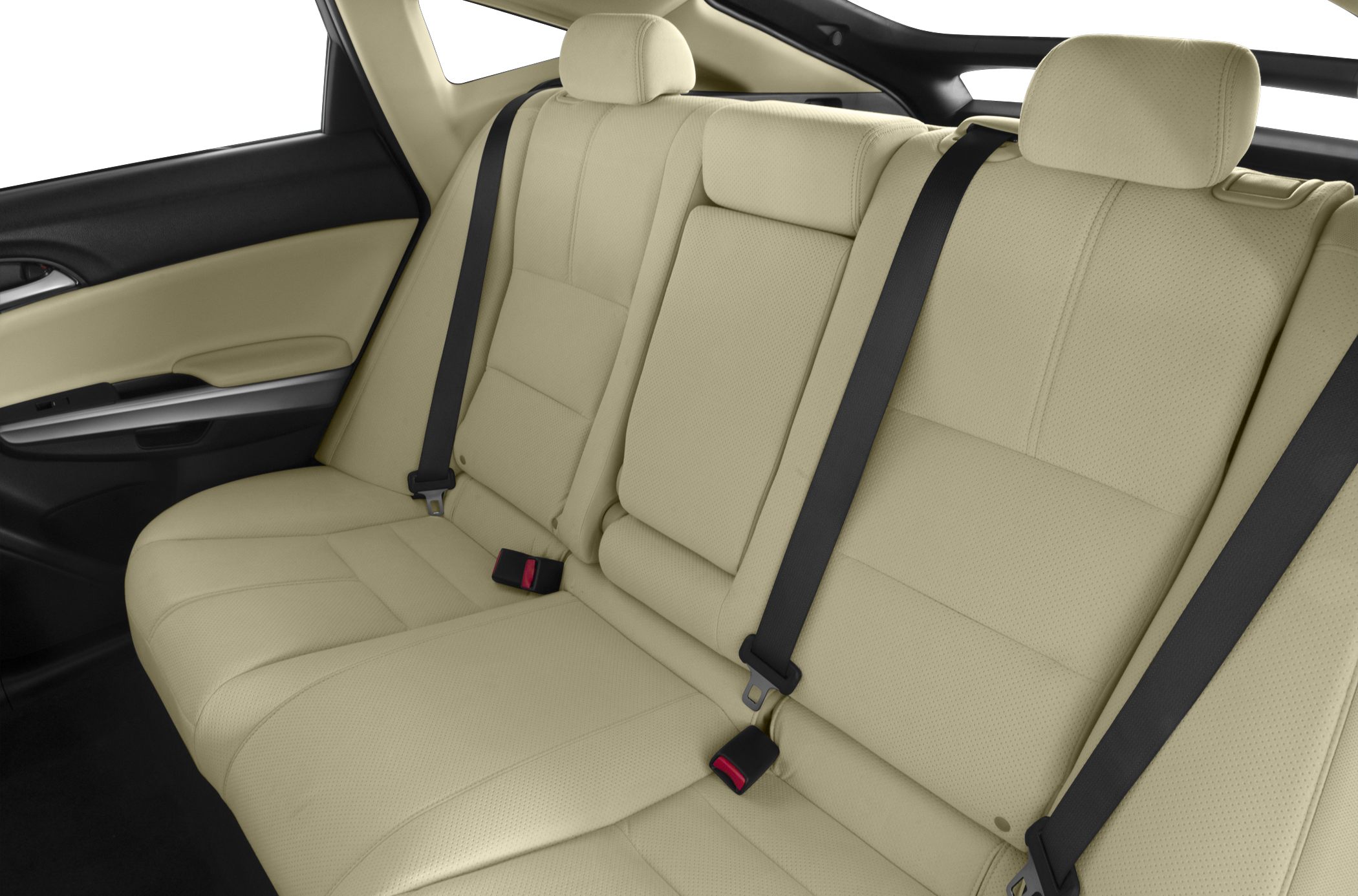 Beige leather rear seats with black seat belts