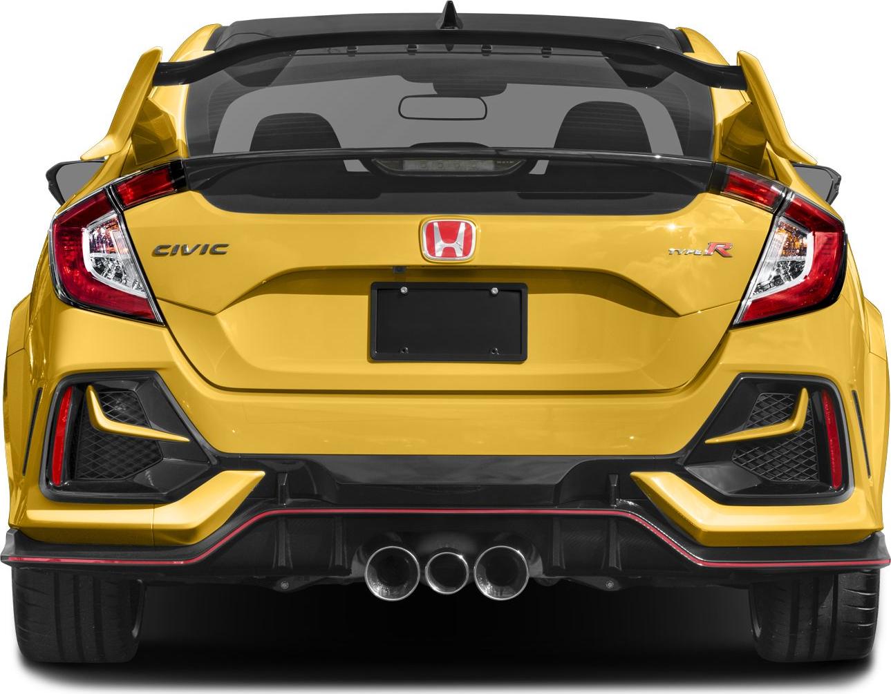 Sporty hatchback rear with triple central exhaust tips and aerodynamic spoiler