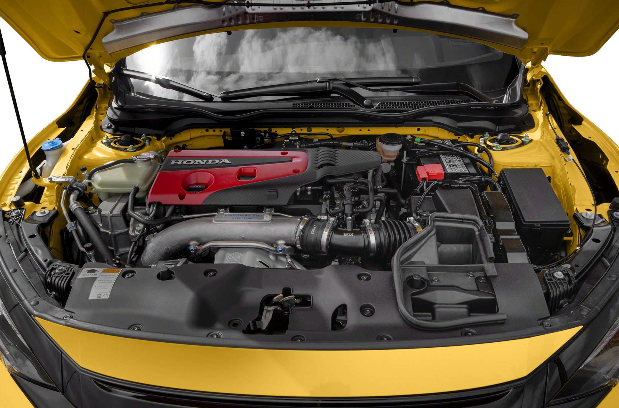 Performance engine bay with distinctive red valve cover