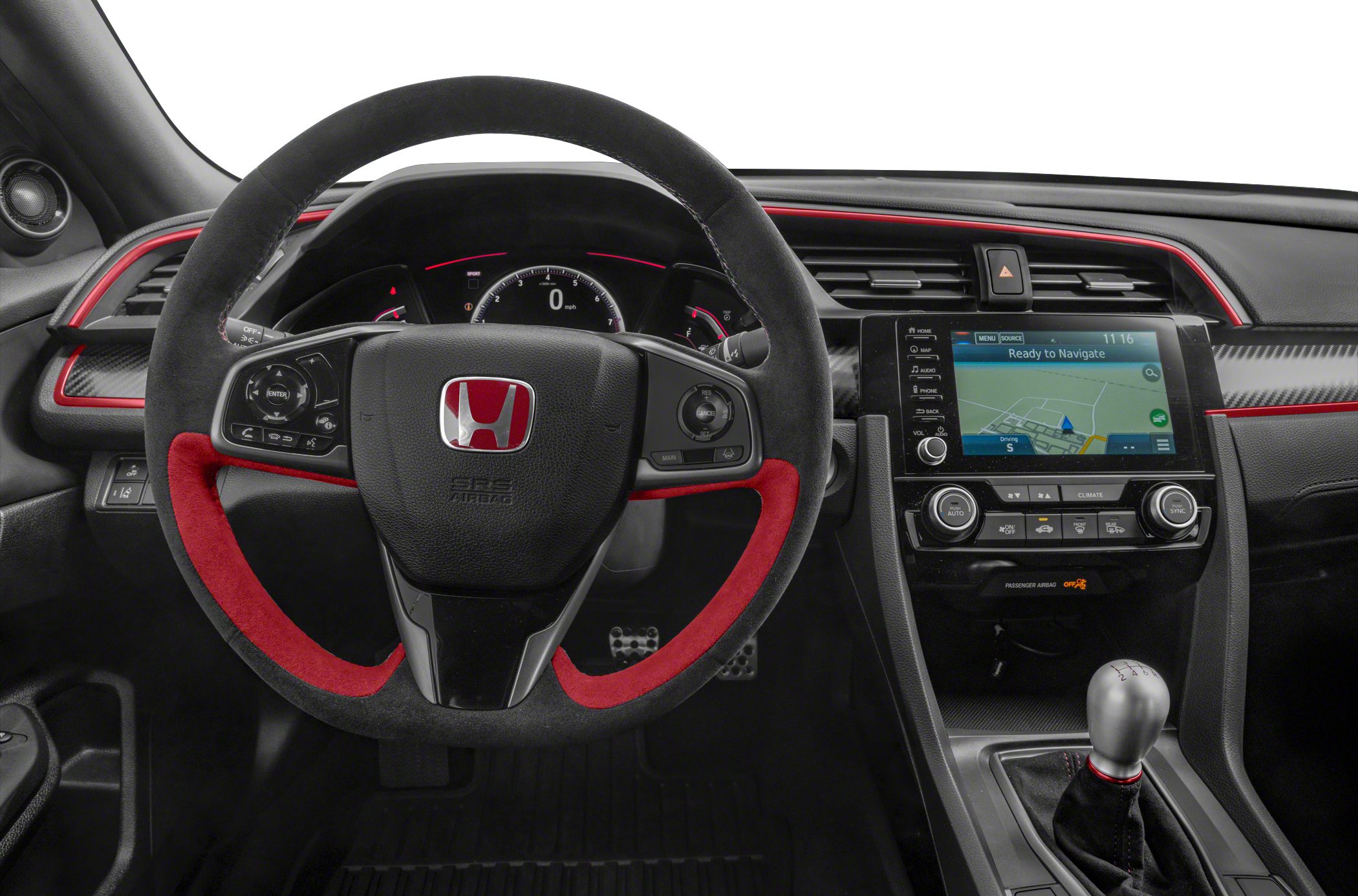 Sport steering wheel with red accents and touchscreen navigation display