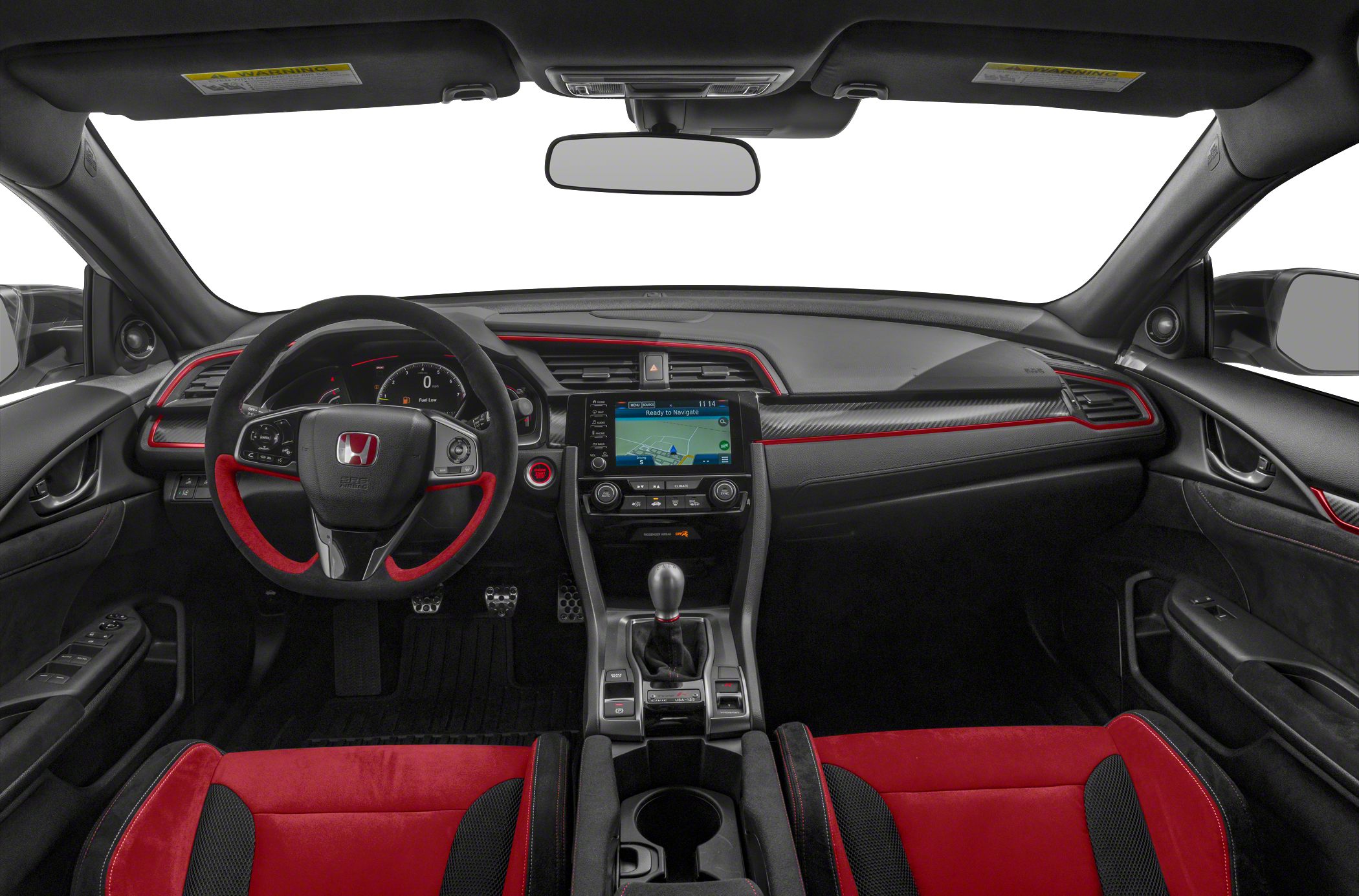 Sporty car interior with manual shifter, red upholstery, carbon fiber trim and modern infotainment system