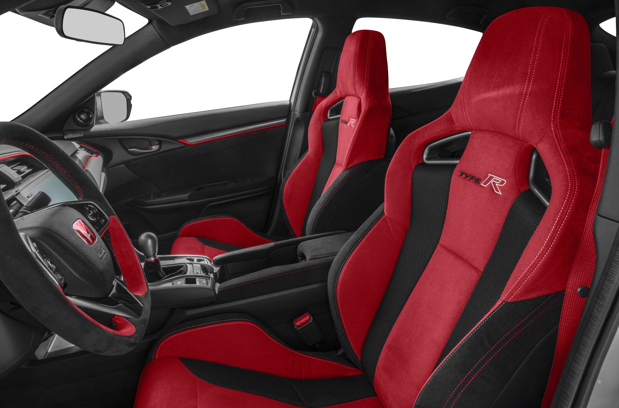 Red and black sport bucket seats and manual gear shift