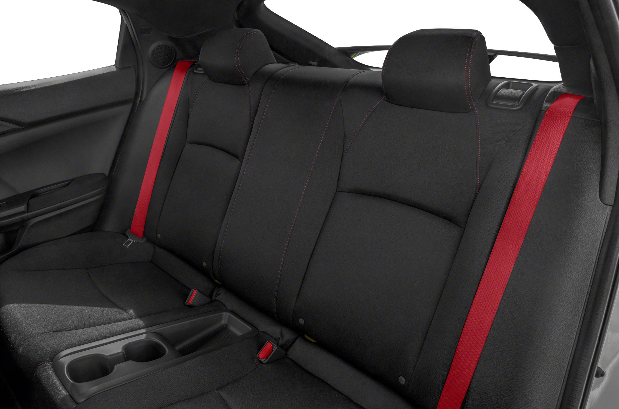 Rear seat with black upholstery and red seatbelts