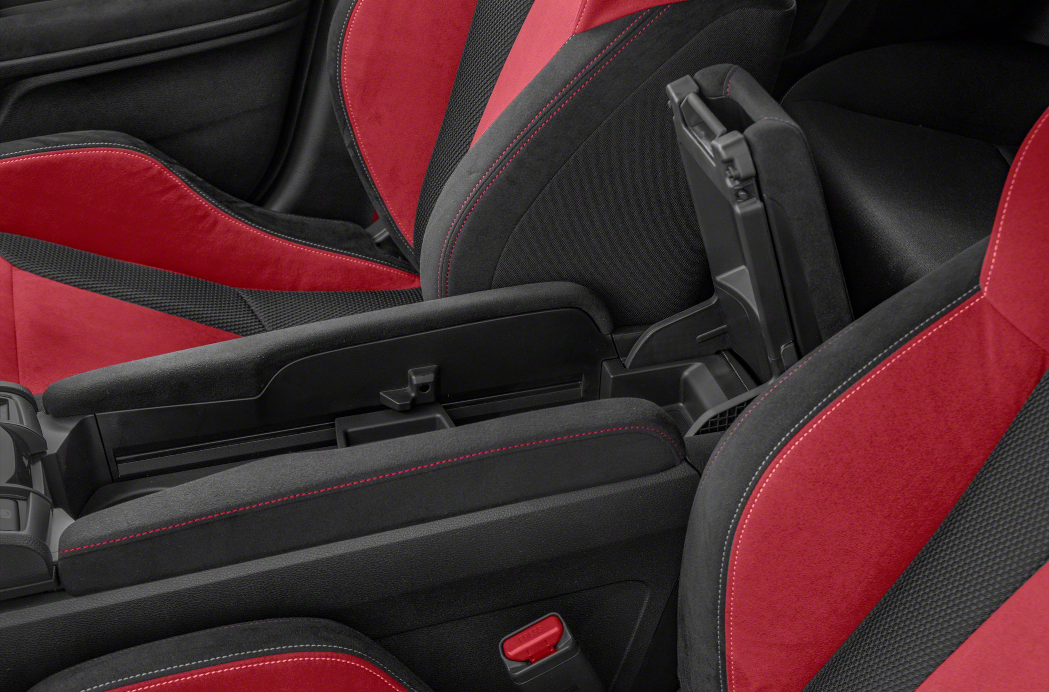 Red and black sport seats and center armrest console interior