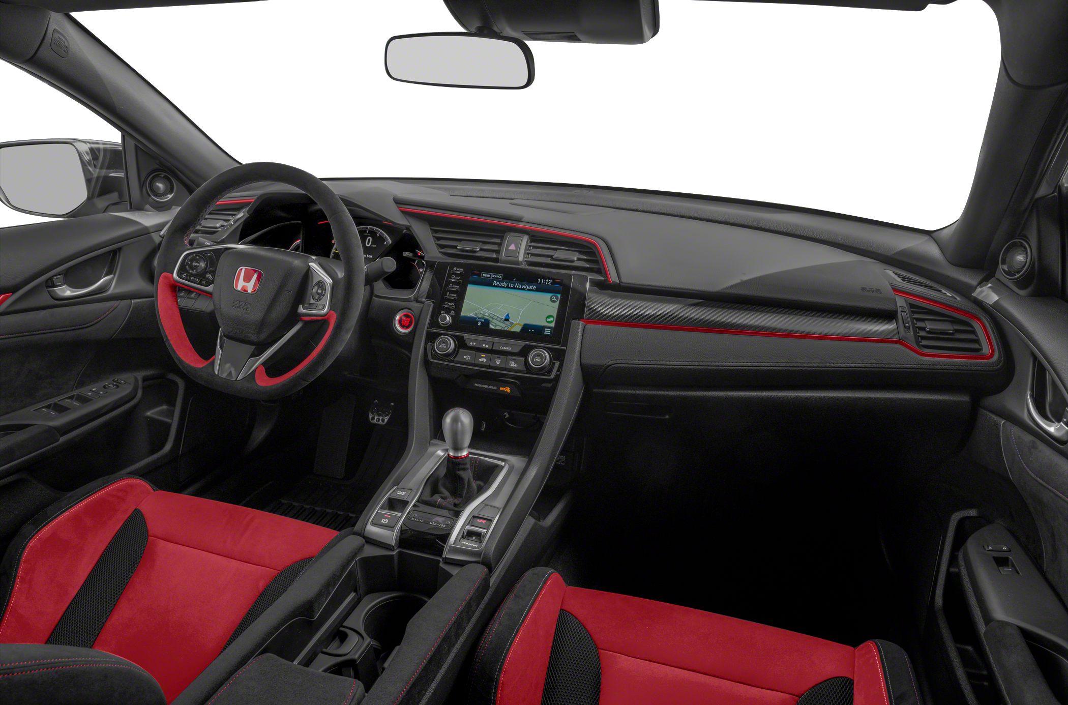 Sporty car interior with red-accented seats and steering wheel