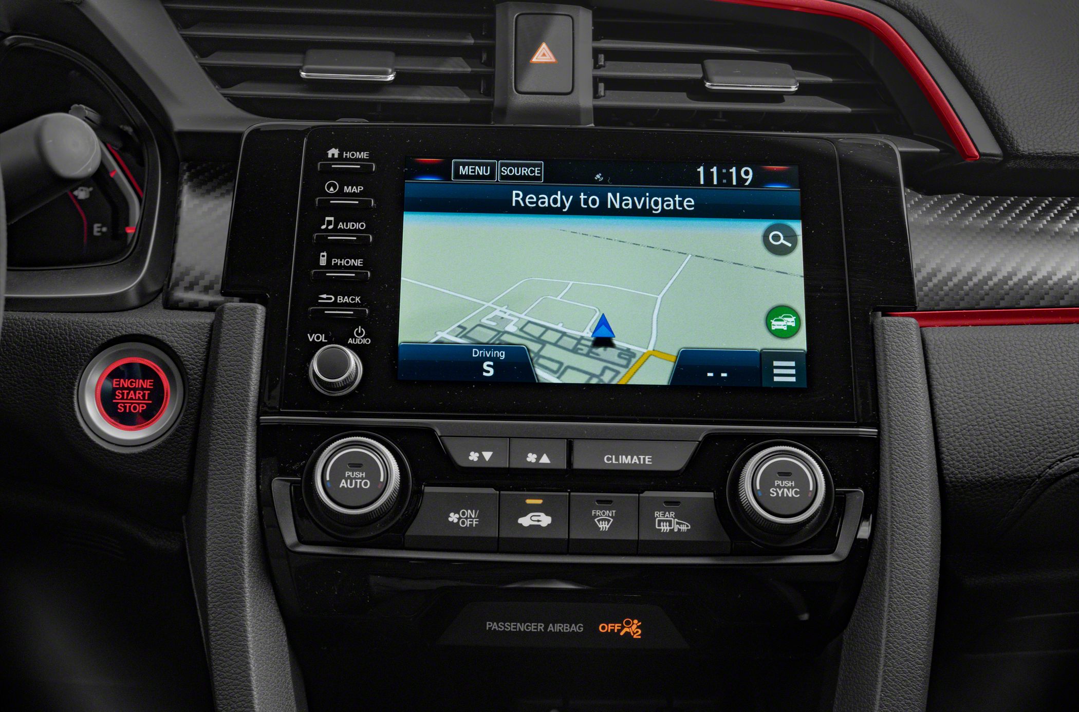 Navigation touchscreen and climate control panel with engine start button inside a car