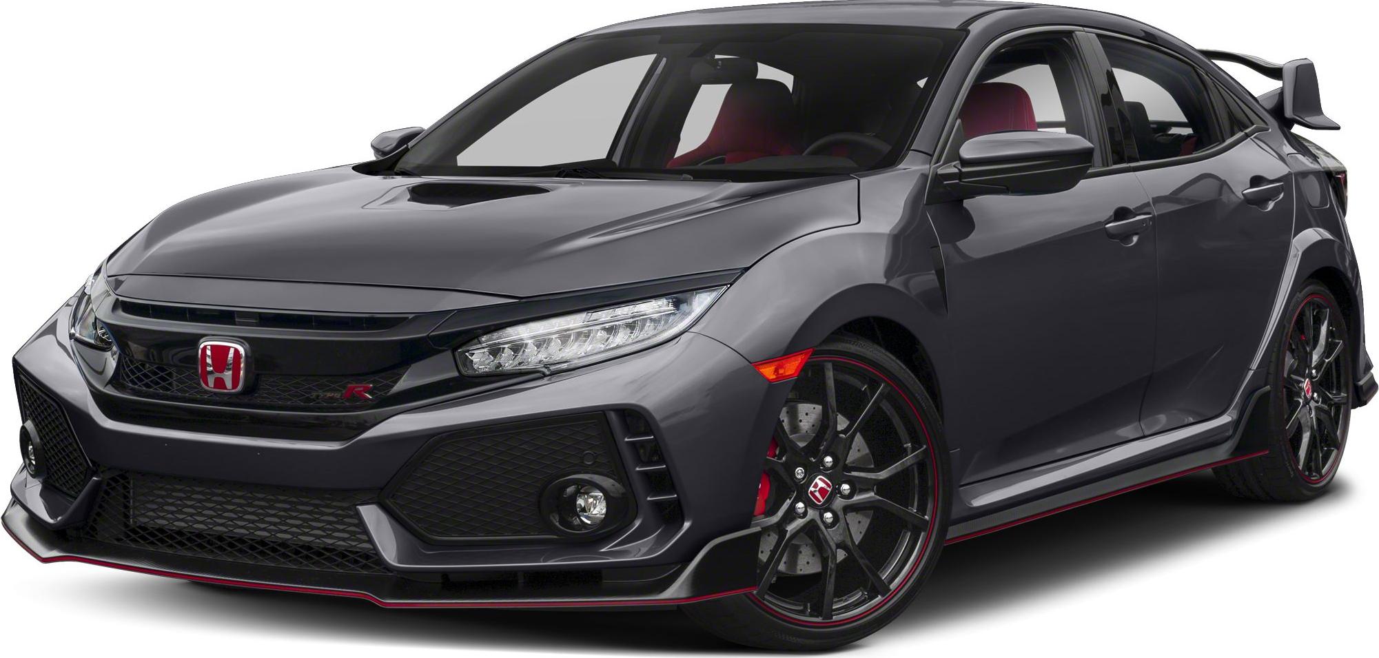 Sporty hatchback front three-quarter view with hood scoop and large rear wing