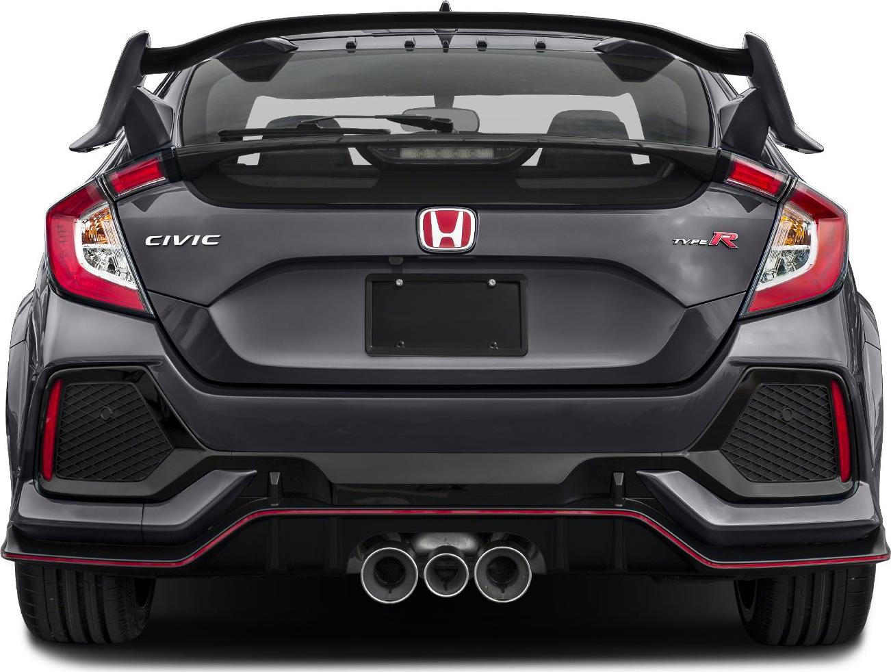 Rear view with large spoiler, triple center exhaust, sporty taillights