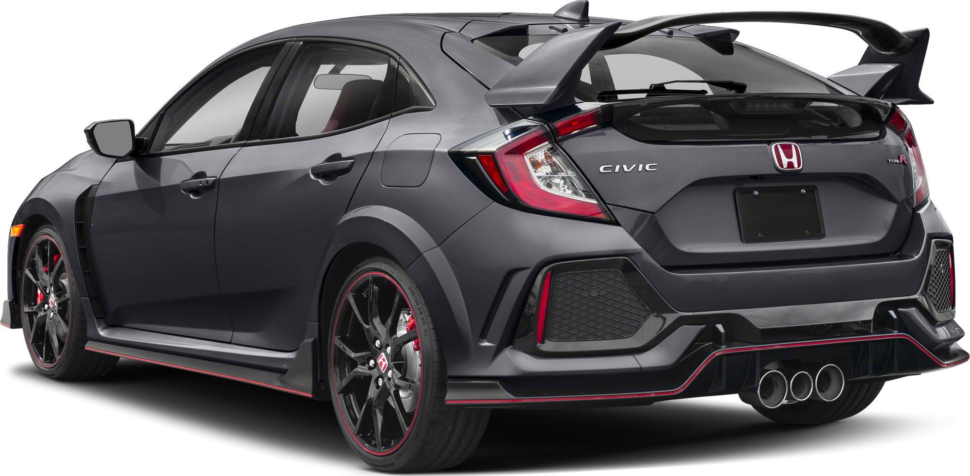 Sporty hatchback rear with large spoiler and triple exhaust