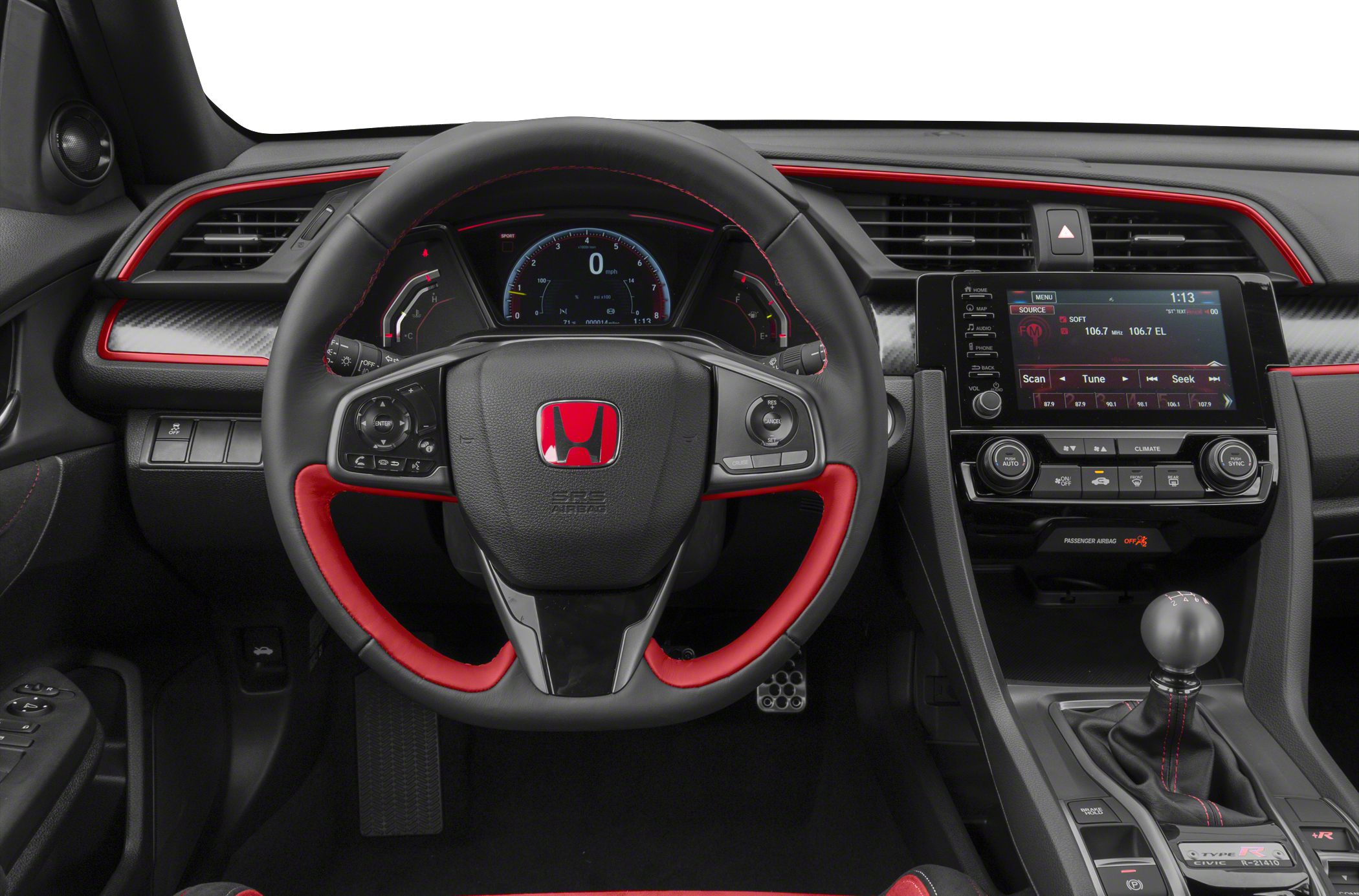 Sporty steering wheel with red accents and digital instrument cluster.