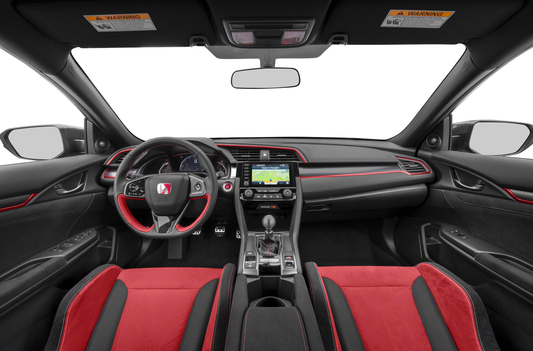 Sporty dashboard and red-accented steering wheel with manual transmission gear shifter