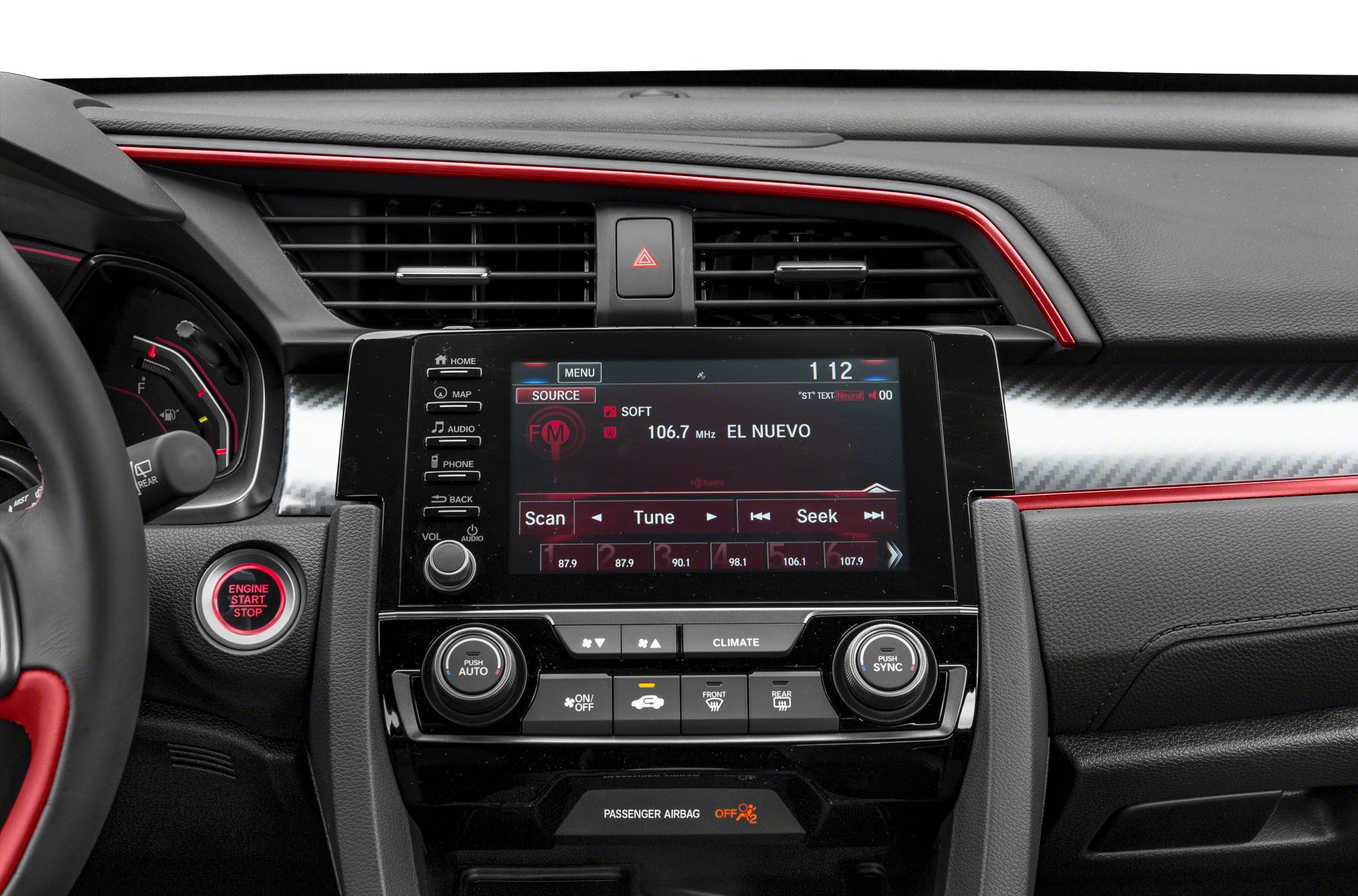 Dashboard and infotainment system with climate control and engine start button