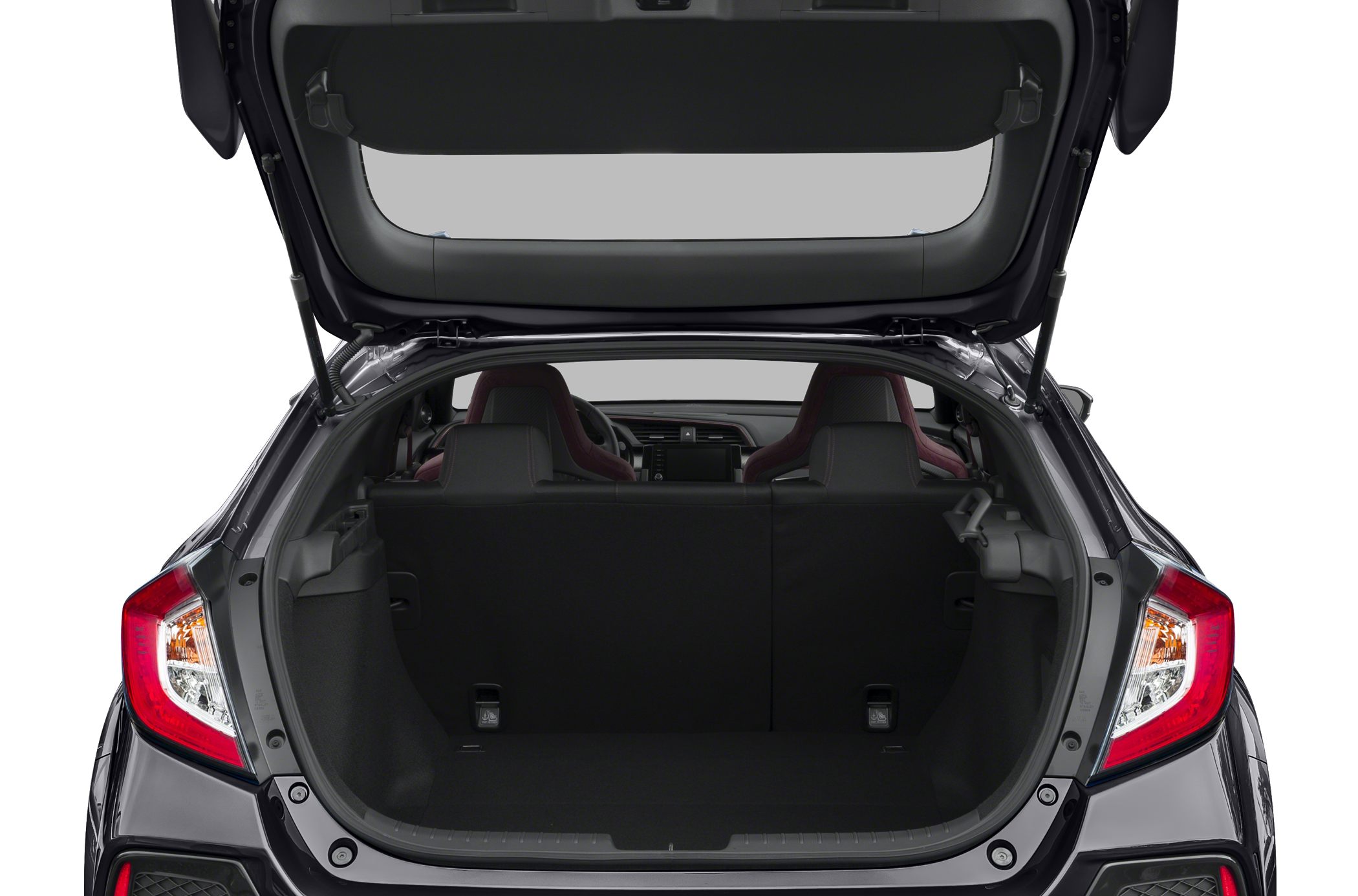 Open rear hatch with spacious cargo area and visible rear seats