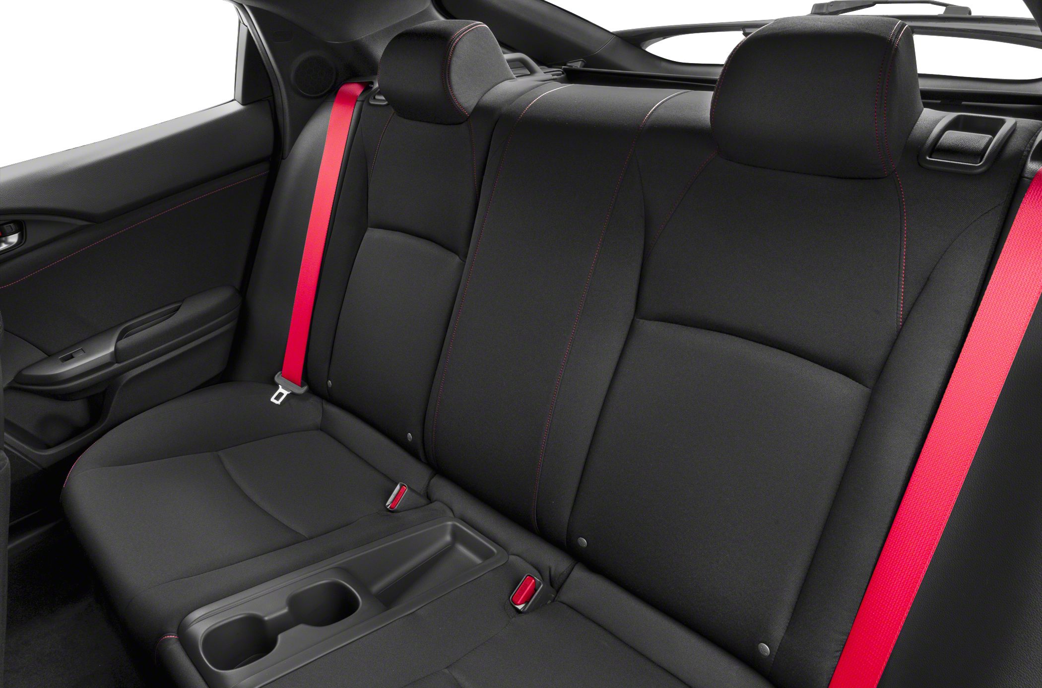 Rear car seat with red seatbelts and integrated cup holders