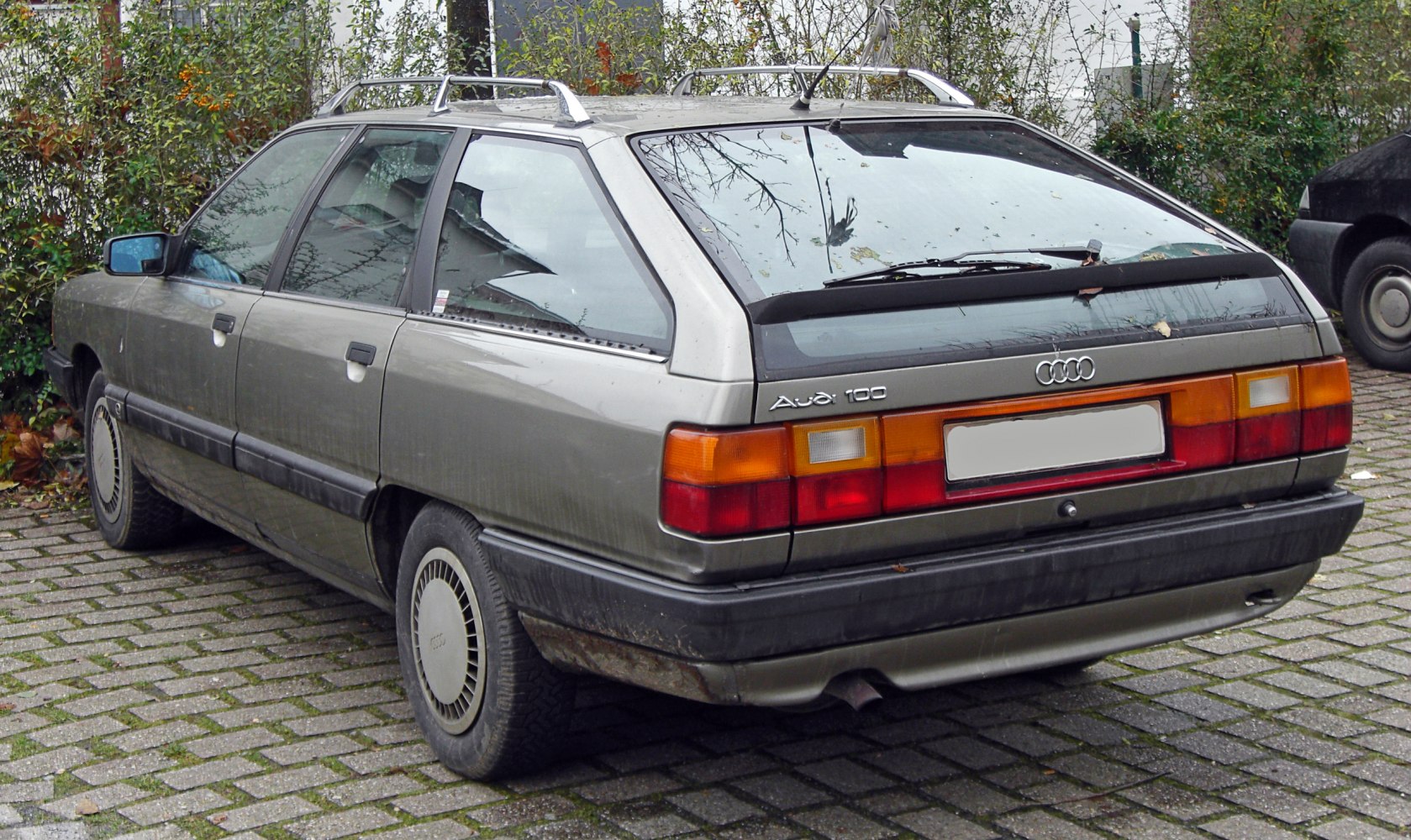 Rear view of a station wagon with distinct tail lights and roof rails.
