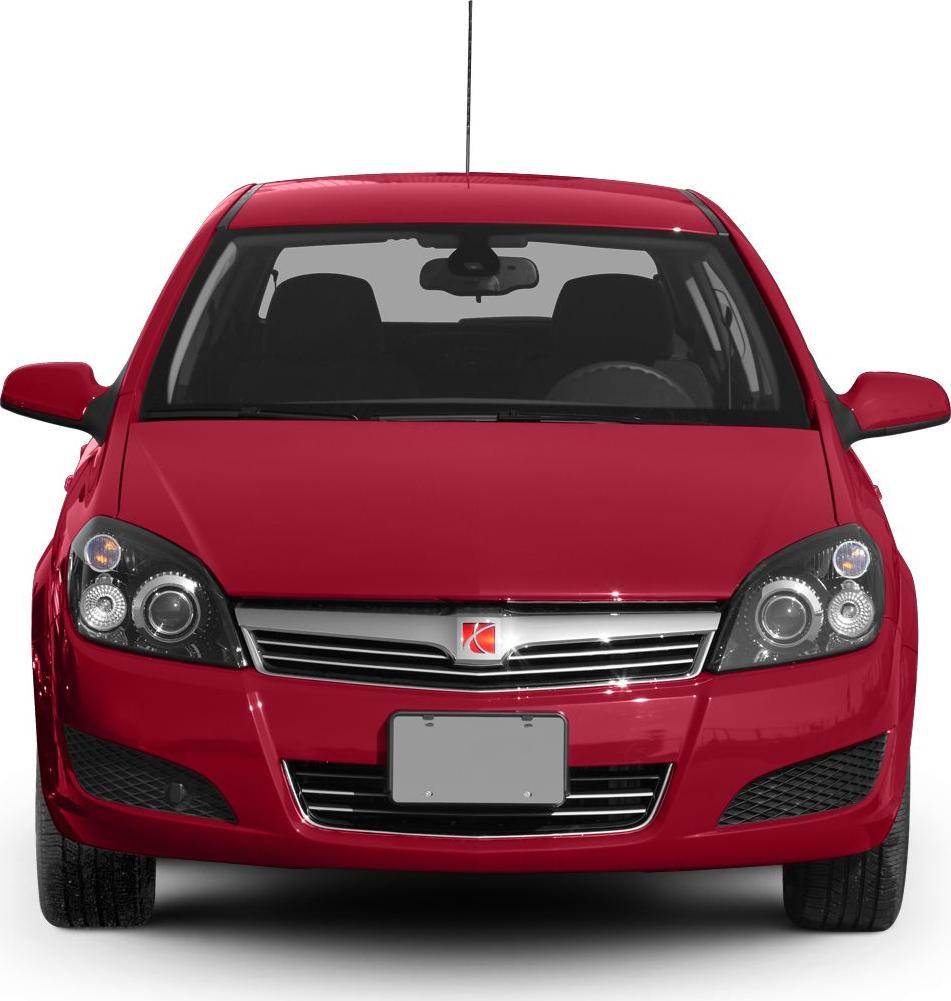 Red car front view with distinctive headlights and grille