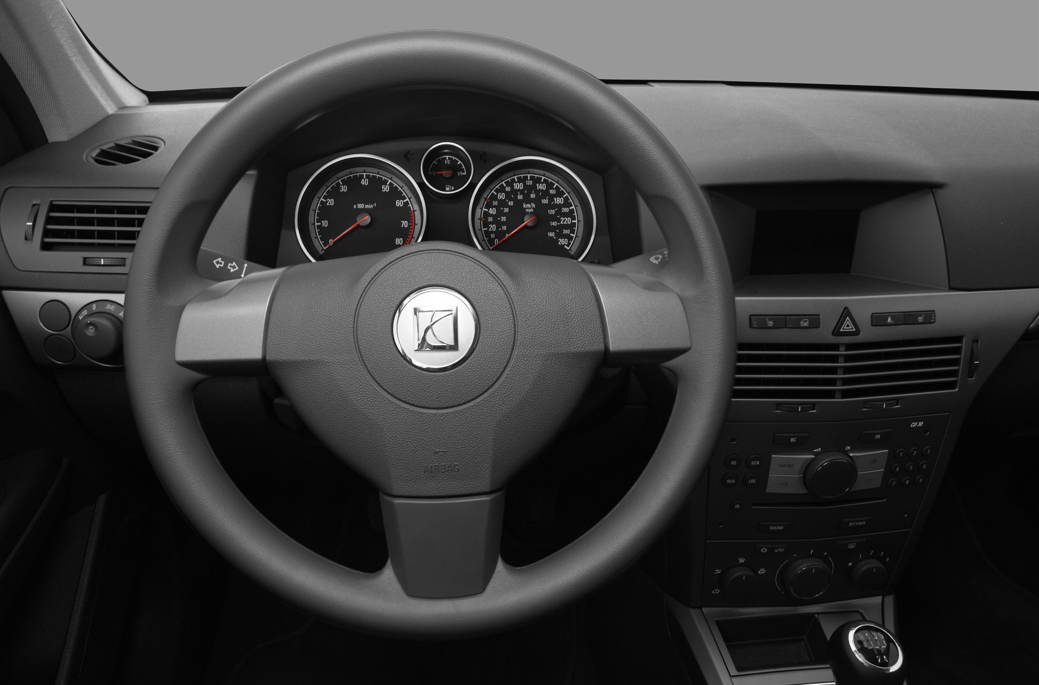 Steering wheel, instrument cluster, manual gear shift, dashboard controls