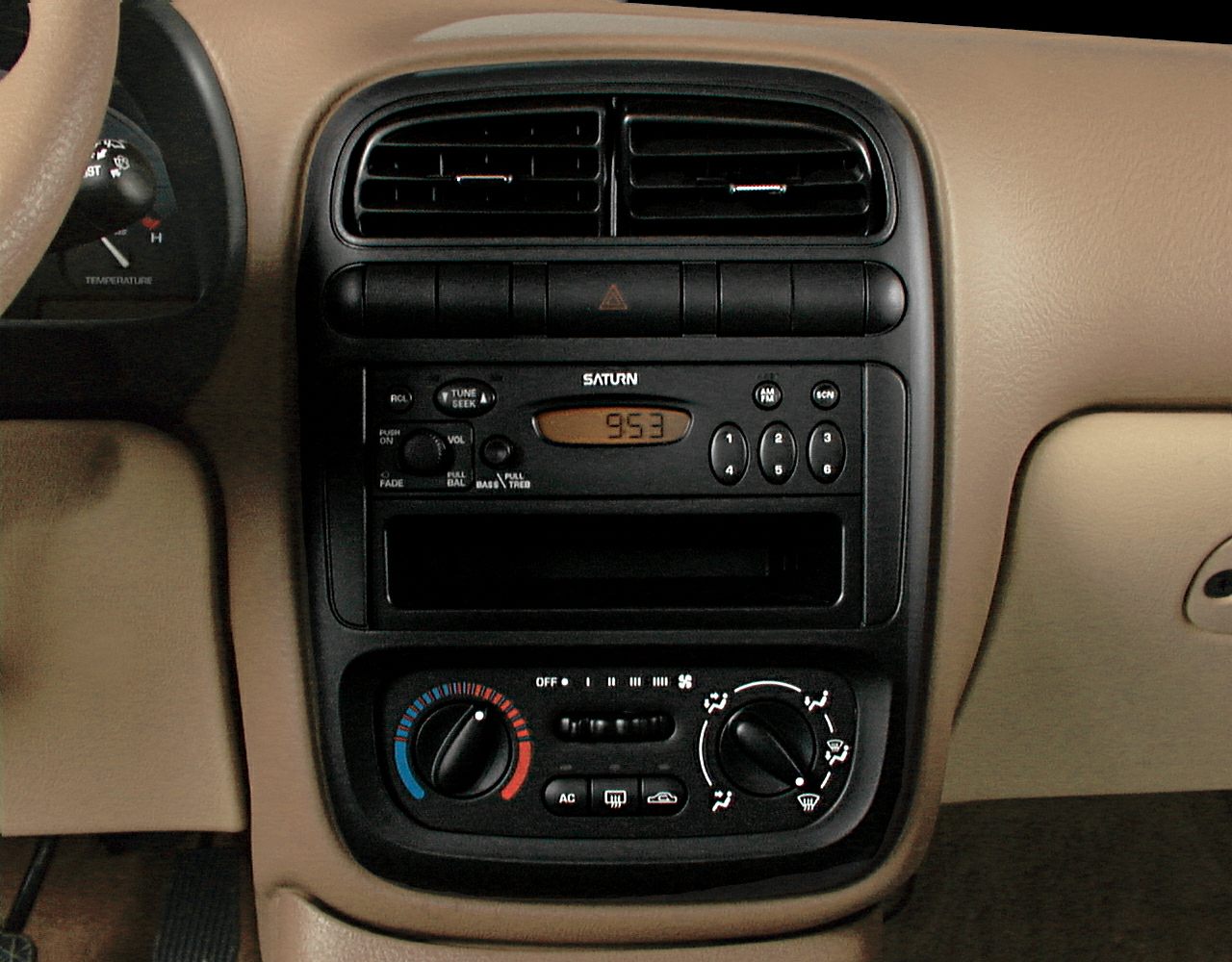 Car center console with radio, climate control, and air vents