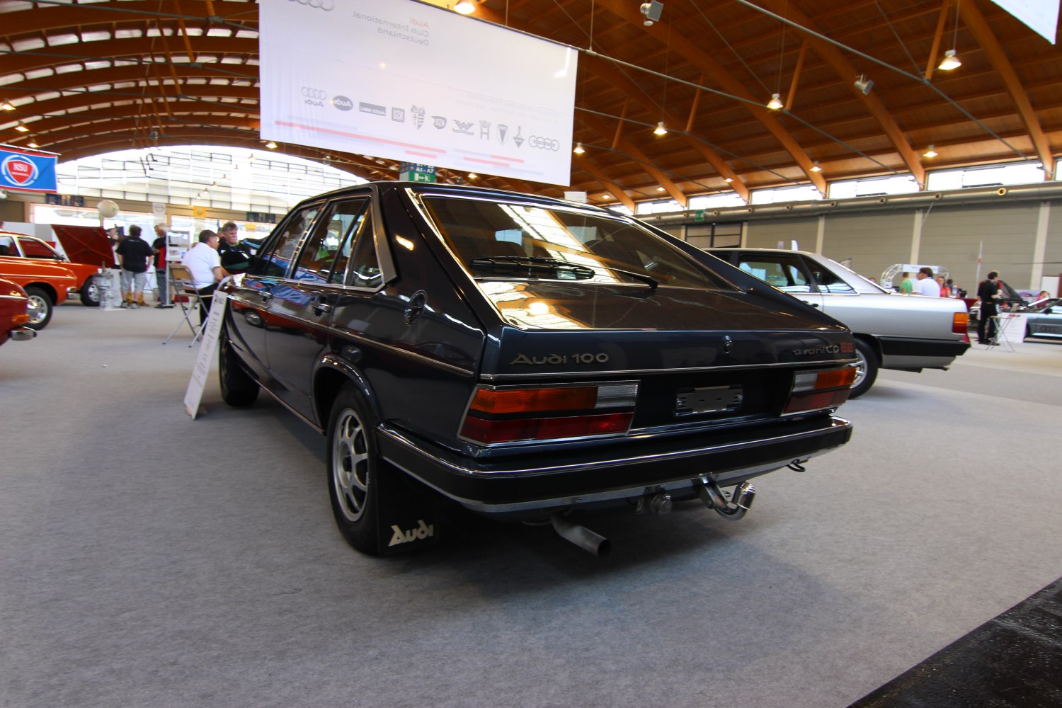Rear view of a vintage hatchback station wagon with distinctive rear hatch and taillights.