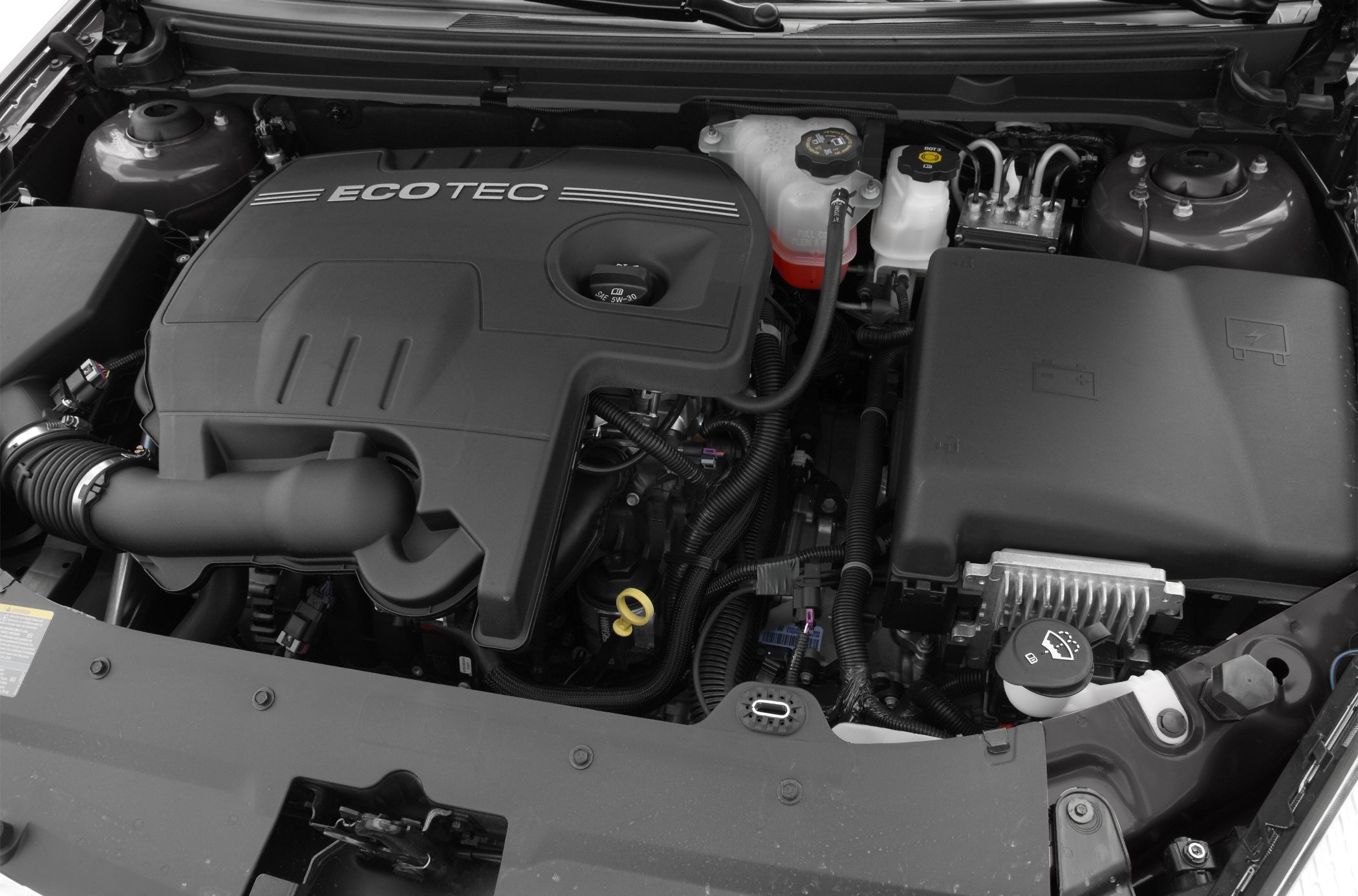 Front view of EcoTec engine bay with fluid reservoirs and air intake