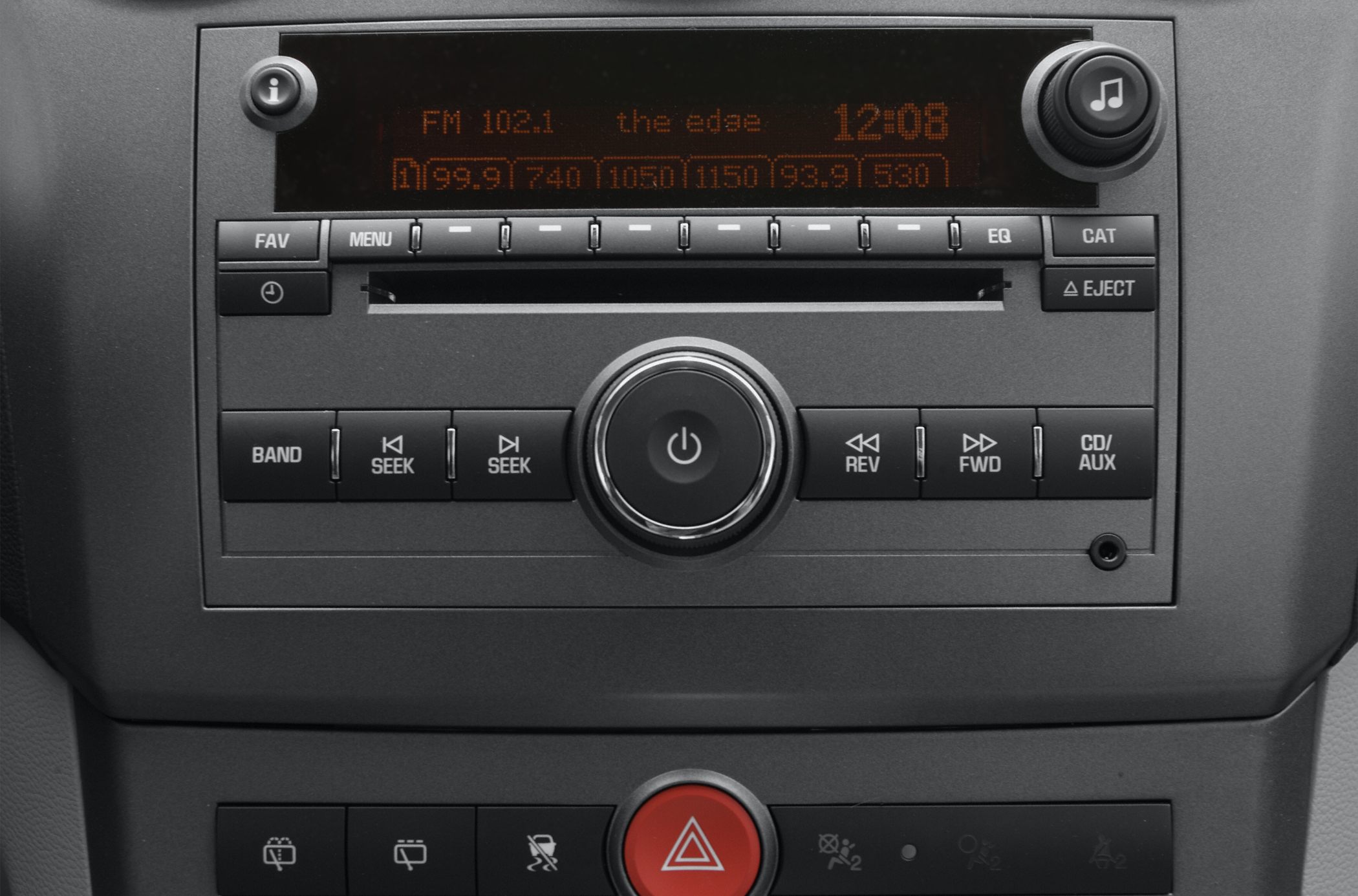 Car stereo system and dashboard control panel with media and safety buttons