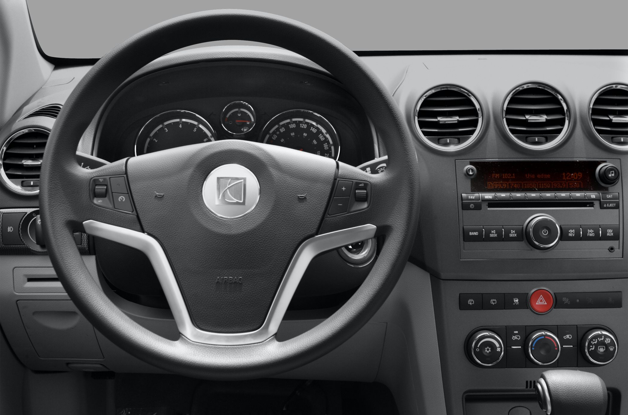 Steering wheel, instrument cluster, and dashboard controls view