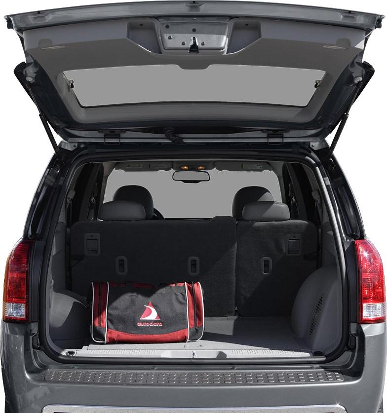 Spacious rear cargo area with open hatchback and a bag inside