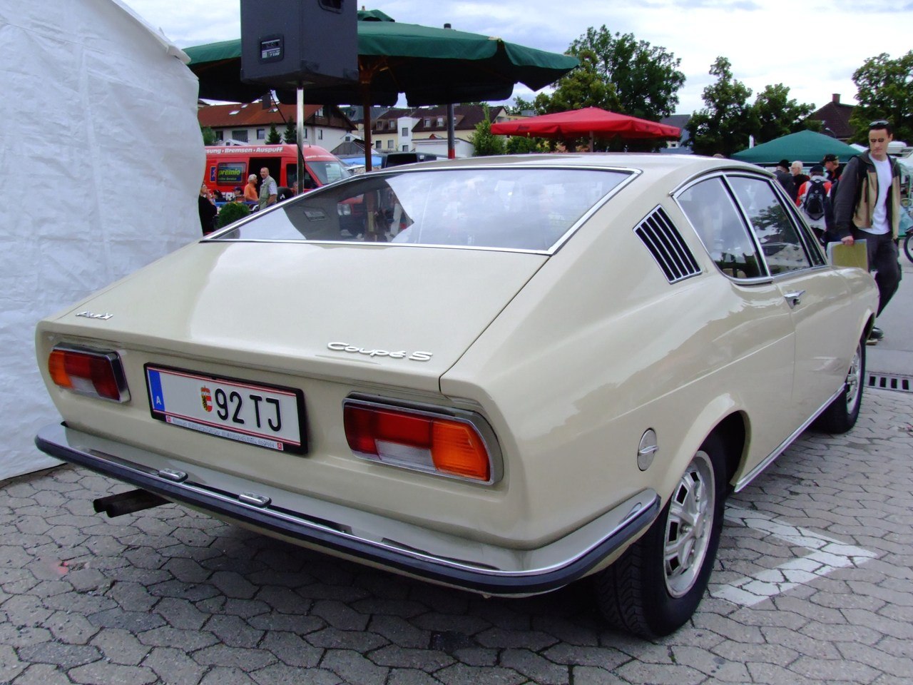 Vintage coupe rear view with angular hatchback and classic taillights