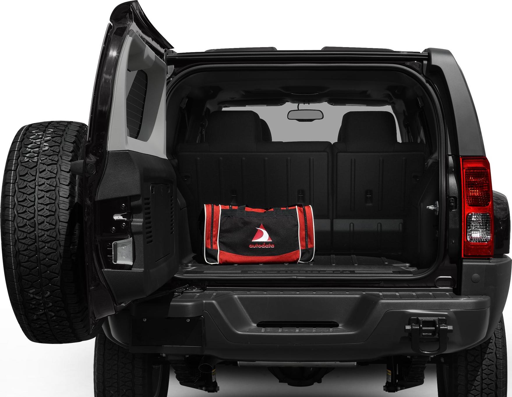 Open rear cargo area with spare tire and tailgate of SUV.