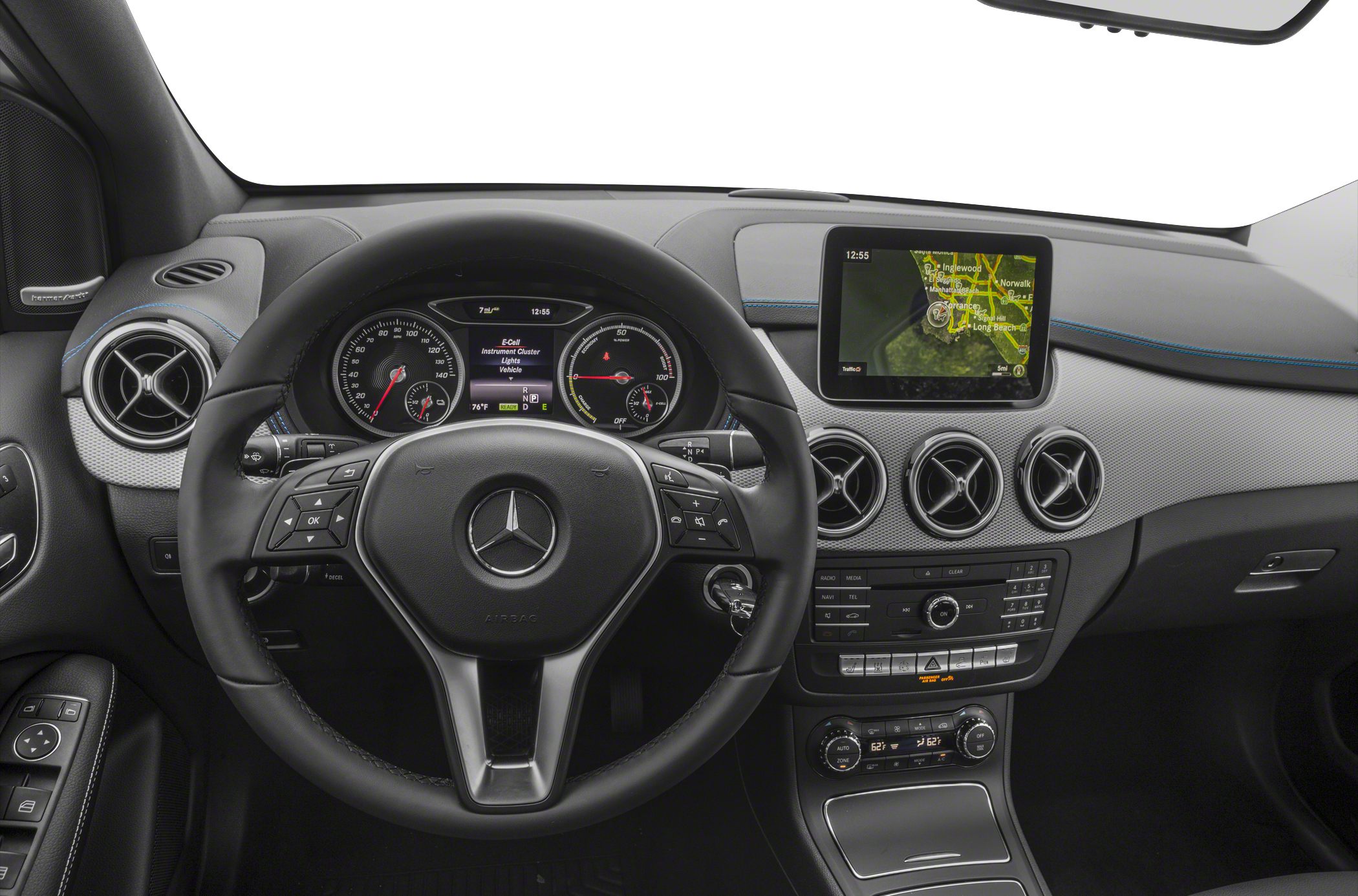 Steering wheel and dashboard with navigation display and climate control