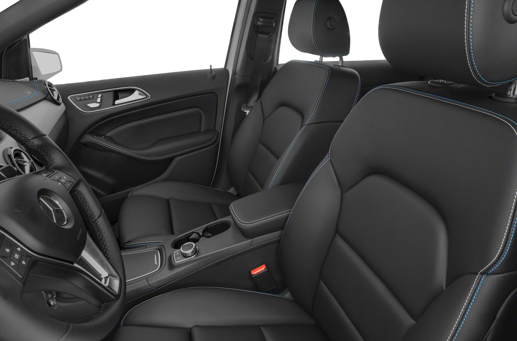 Black leather seats with blue stitching and luxurious car interior components