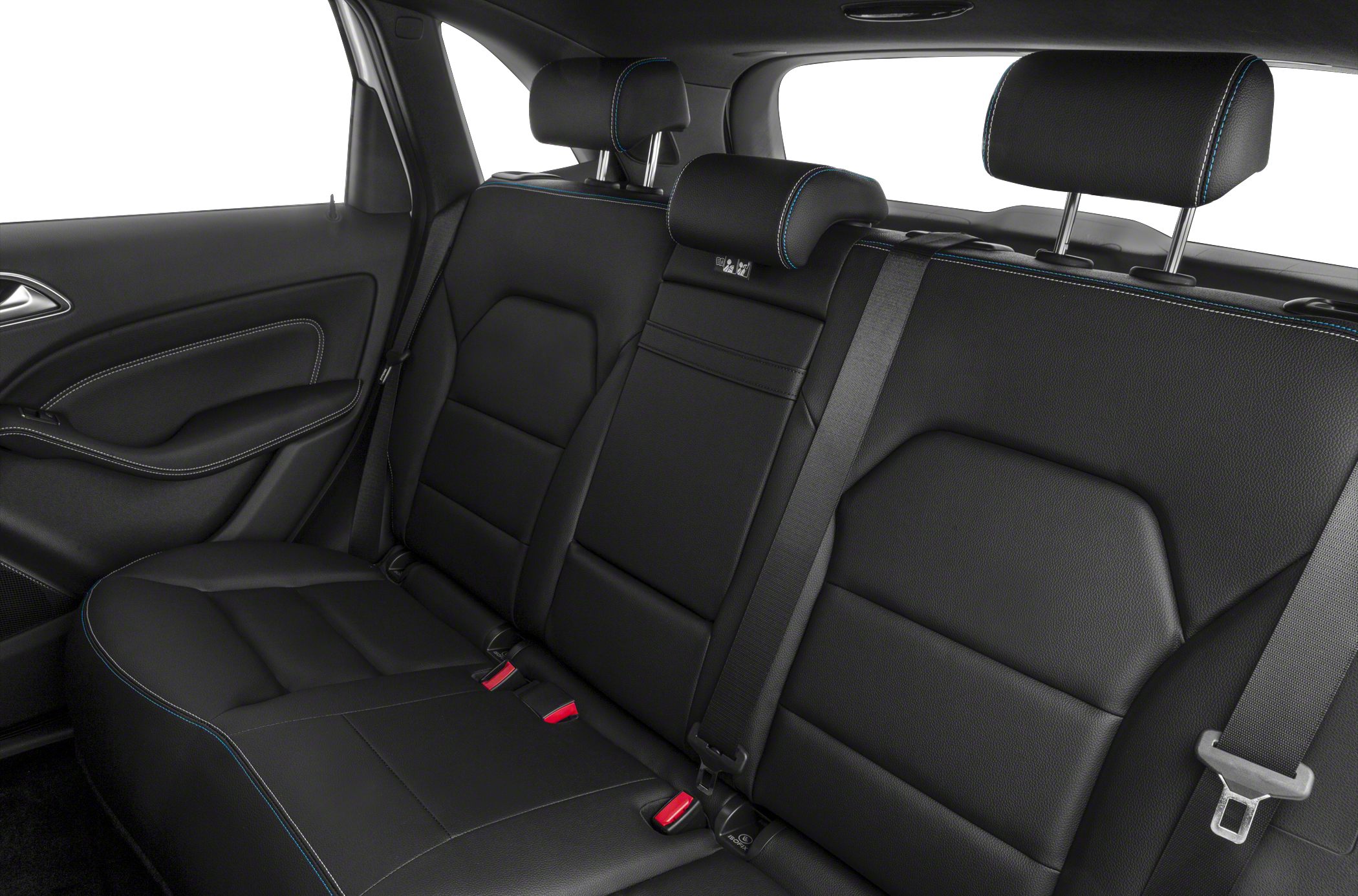 Rear seat interior with black leather upholstery and blue stitching