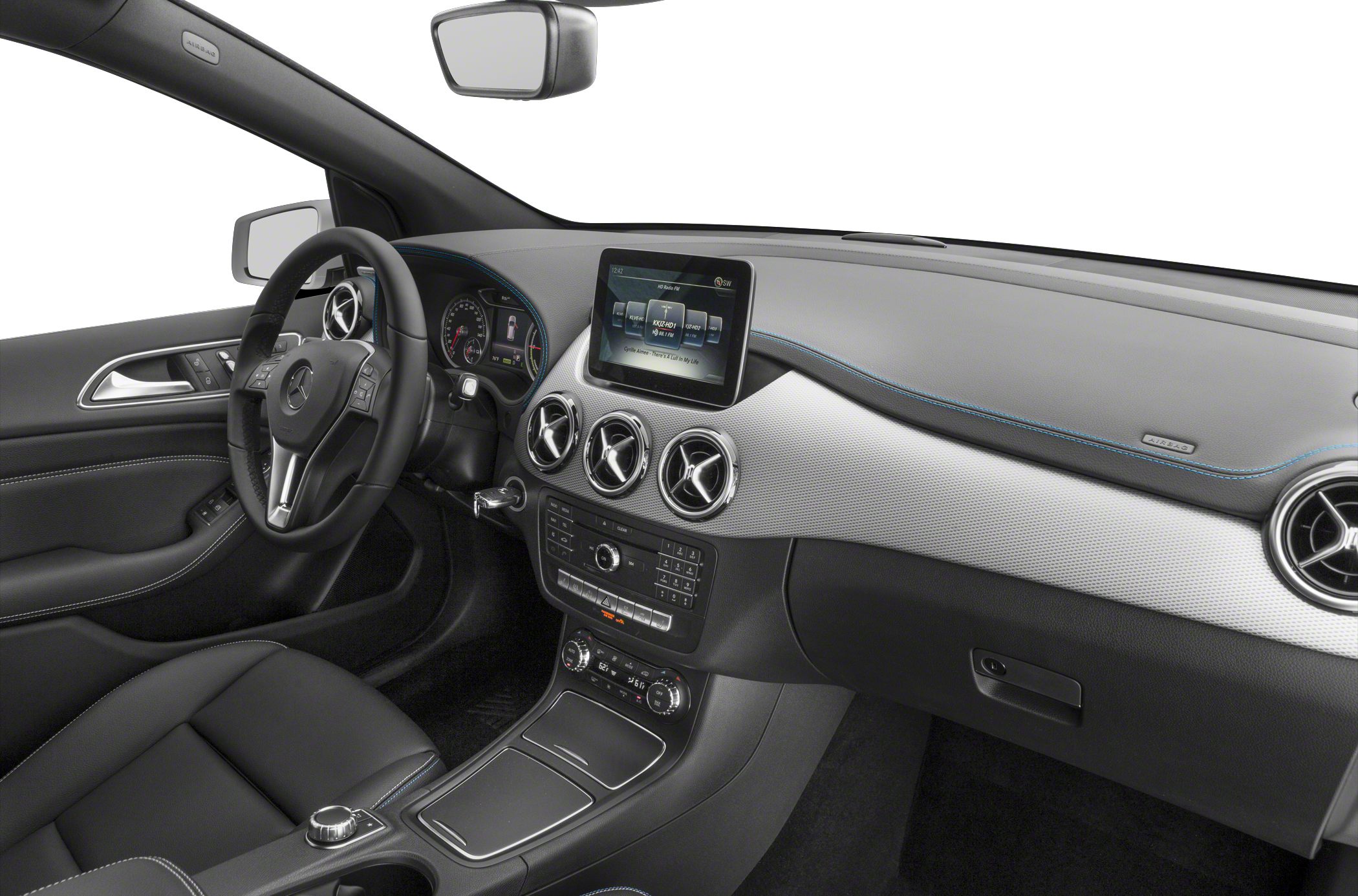 Interior dashboard with infotainment screen and circular air vents