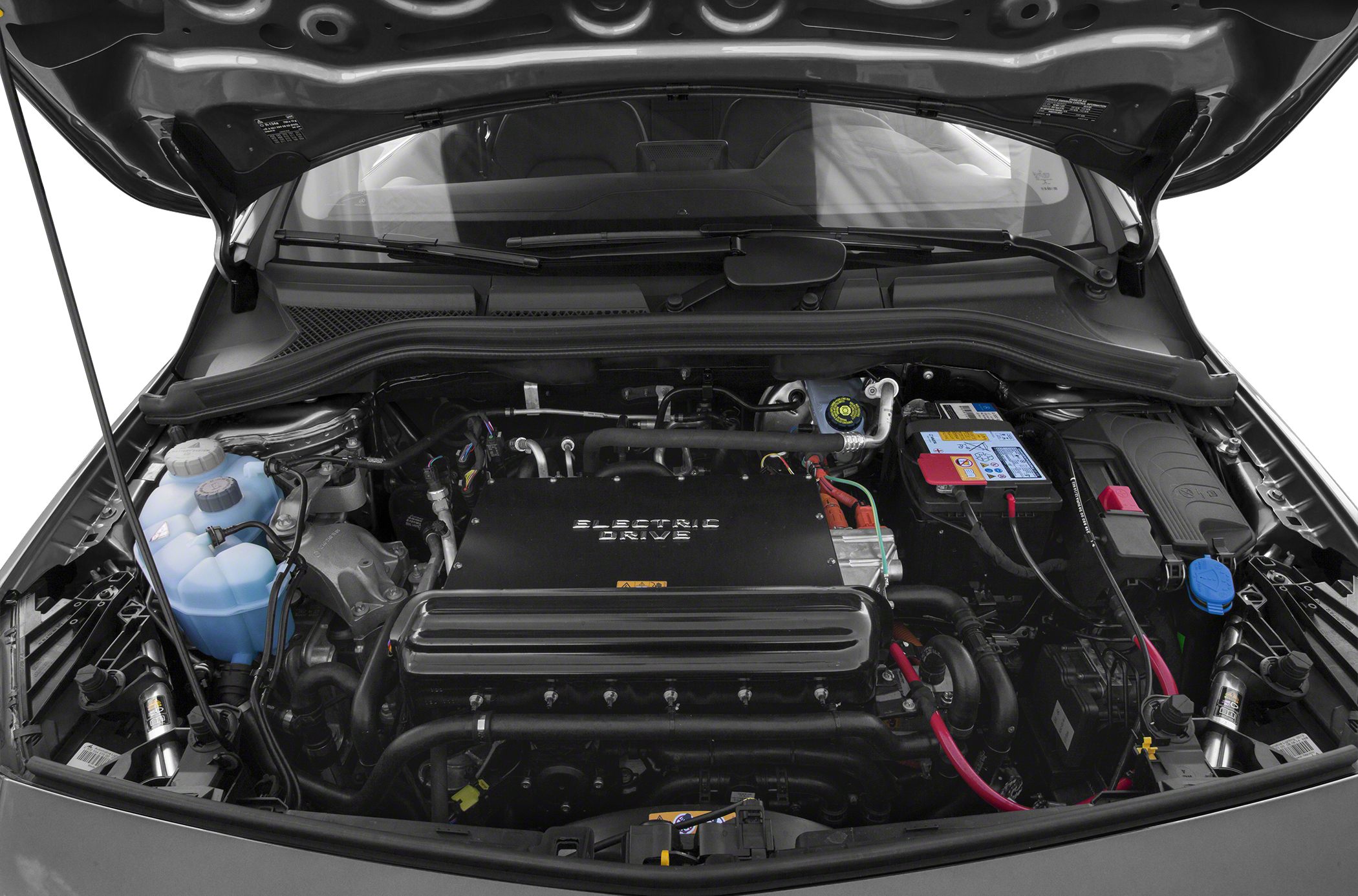 Electric drive powertrain with battery and electric motor components in engine bay.