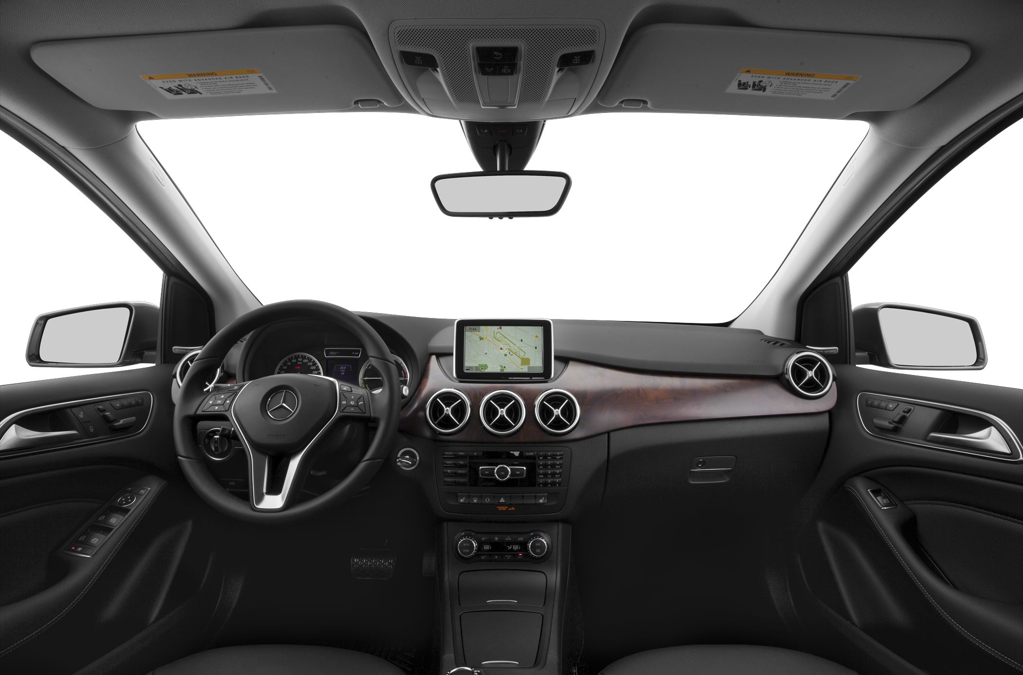Steering wheel, dashboard with infotainment and circular air vents.