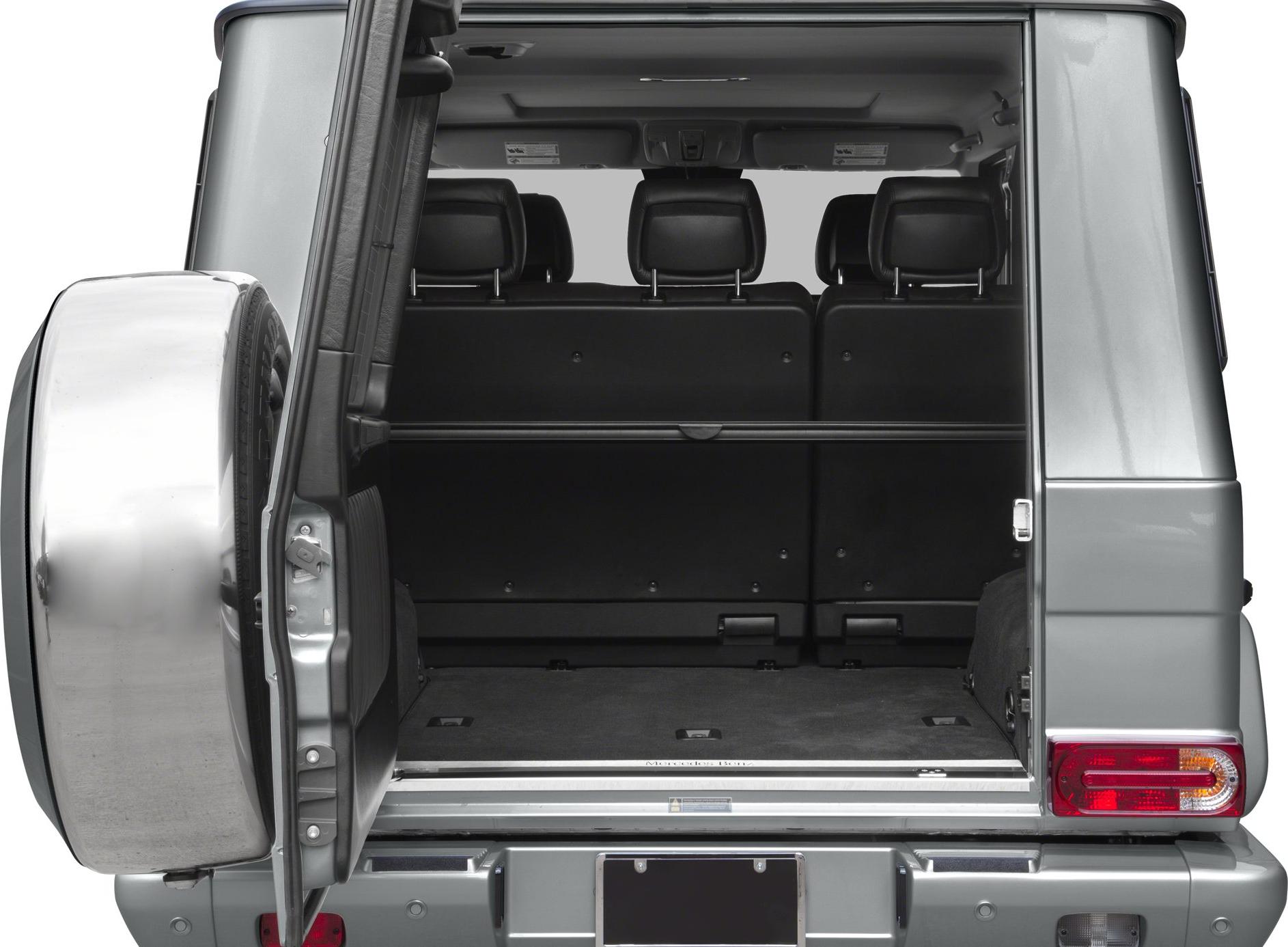 Open rear cargo area with split seats and spare tire on door