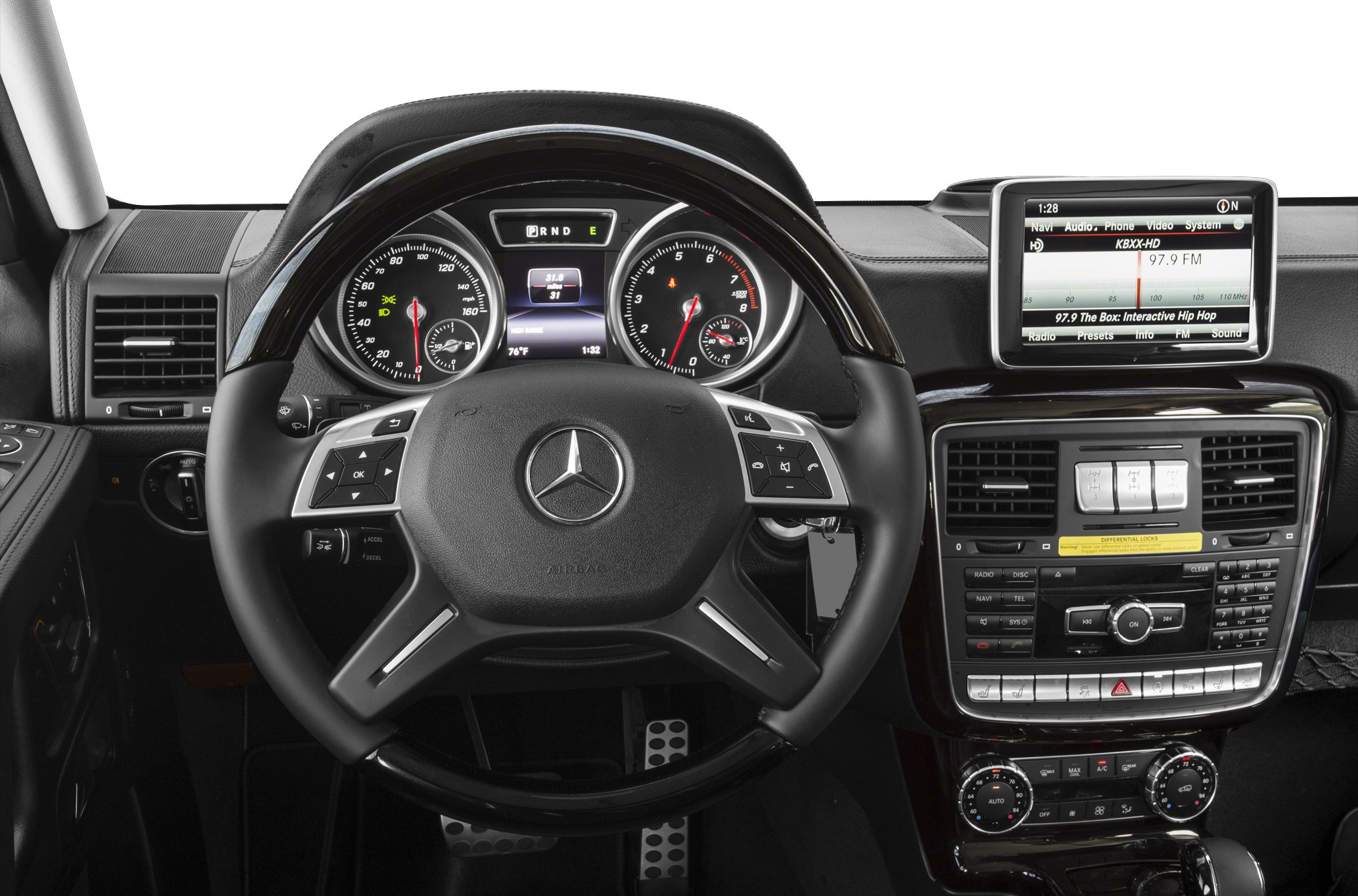 Luxury dashboard with multifunction steering wheel and infotainment screen