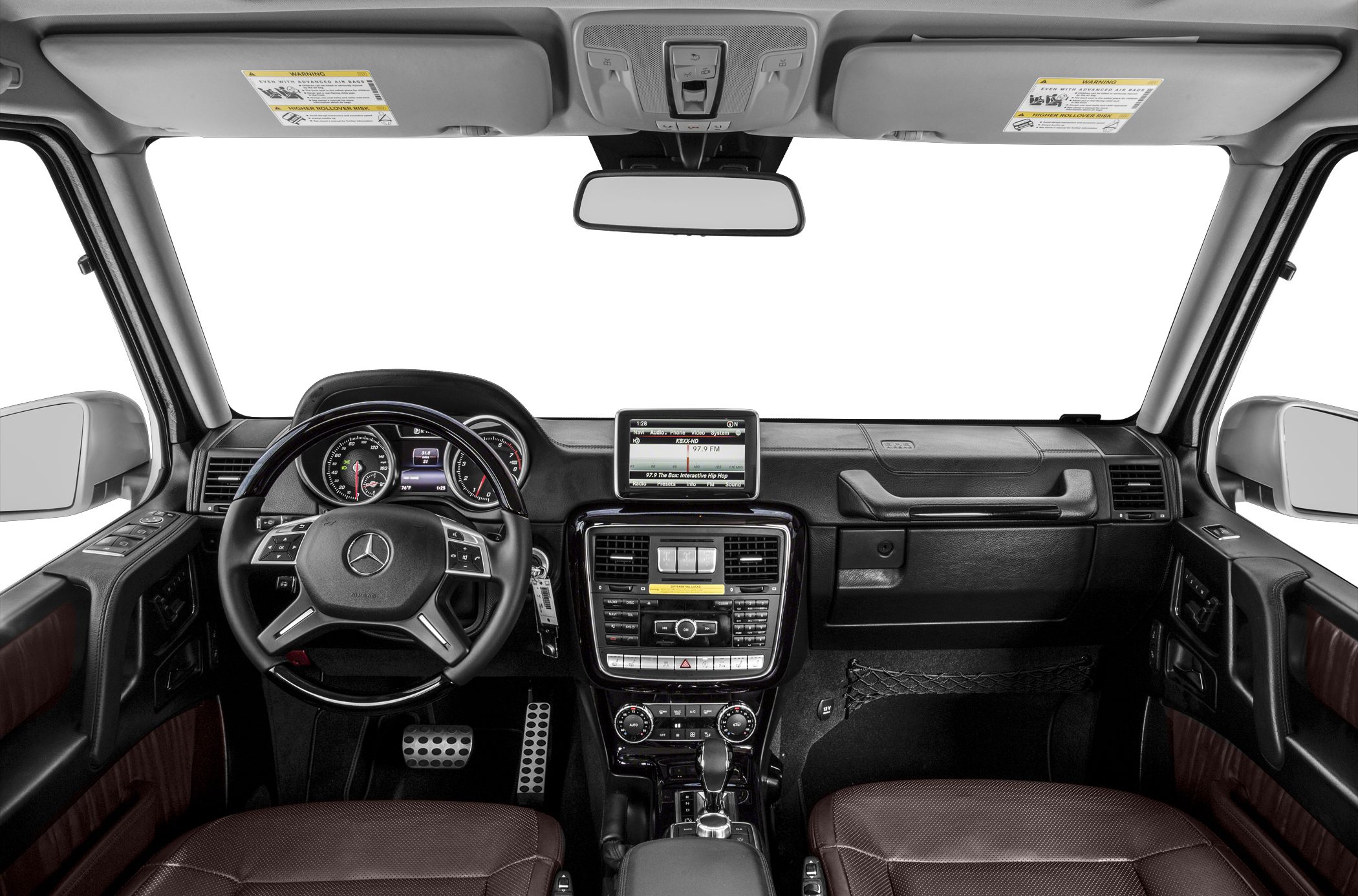 Luxury SUV interior with detailed dashboard and multifunction steering wheel
