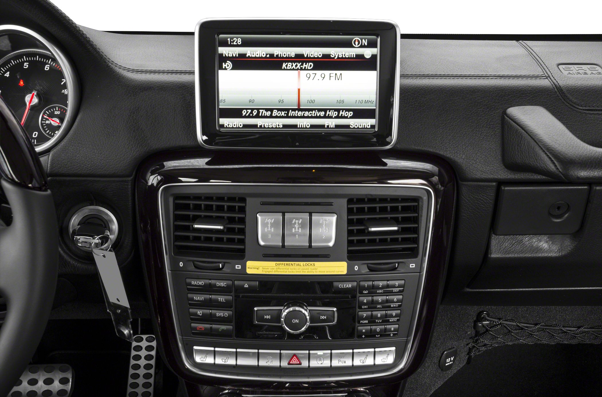 Infotainment screen and differential lock controls on luxury SUV dashboard