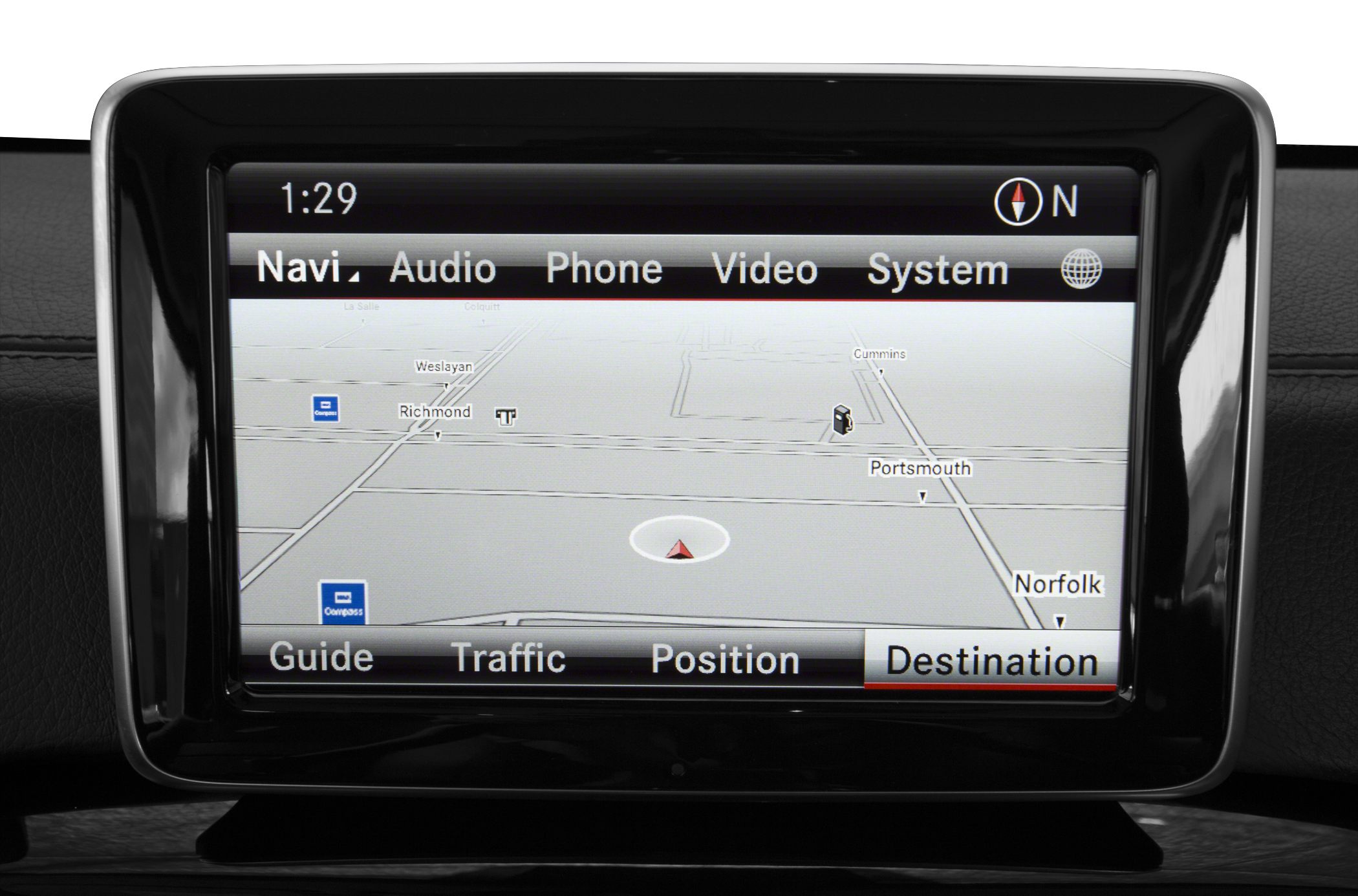 Navigation system screen with map and destination options