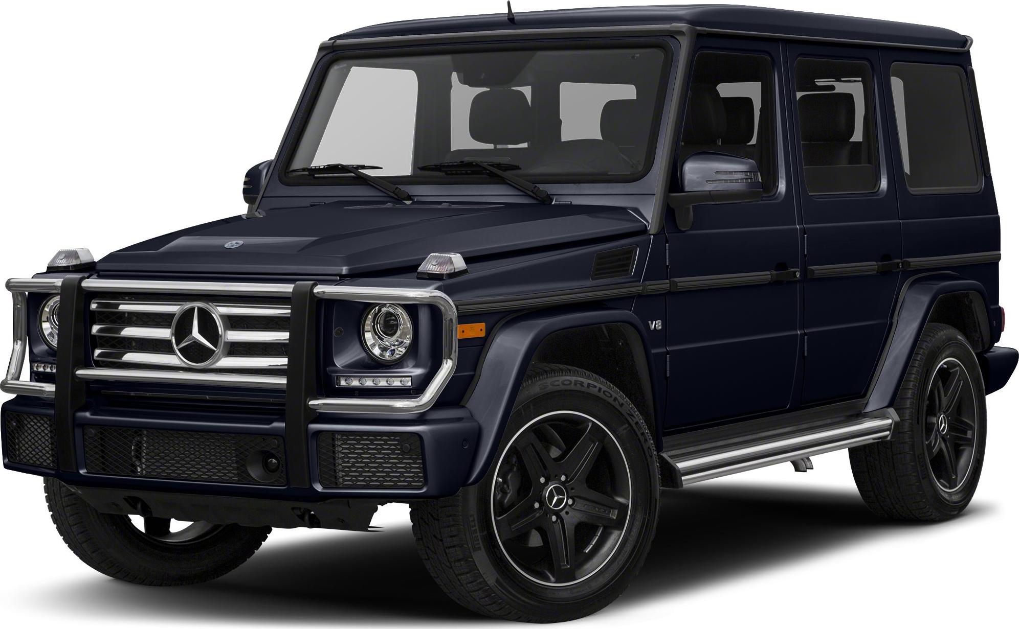 Front view of luxury SUV with protective grille and round headlights