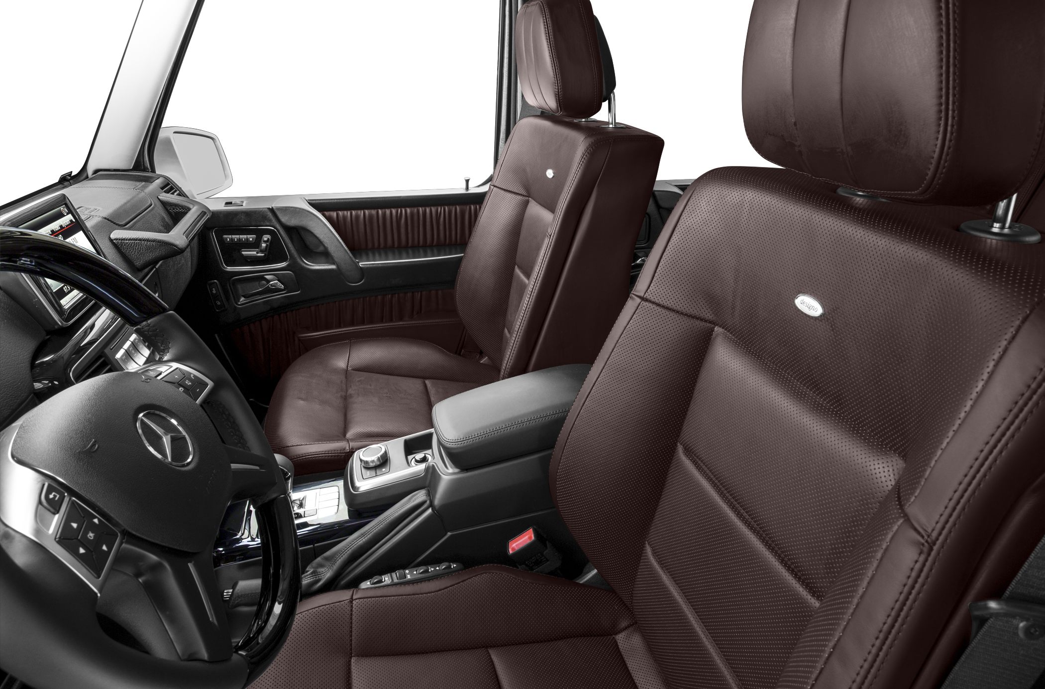 Brown perforated leather seats and advanced vehicle interior controls.