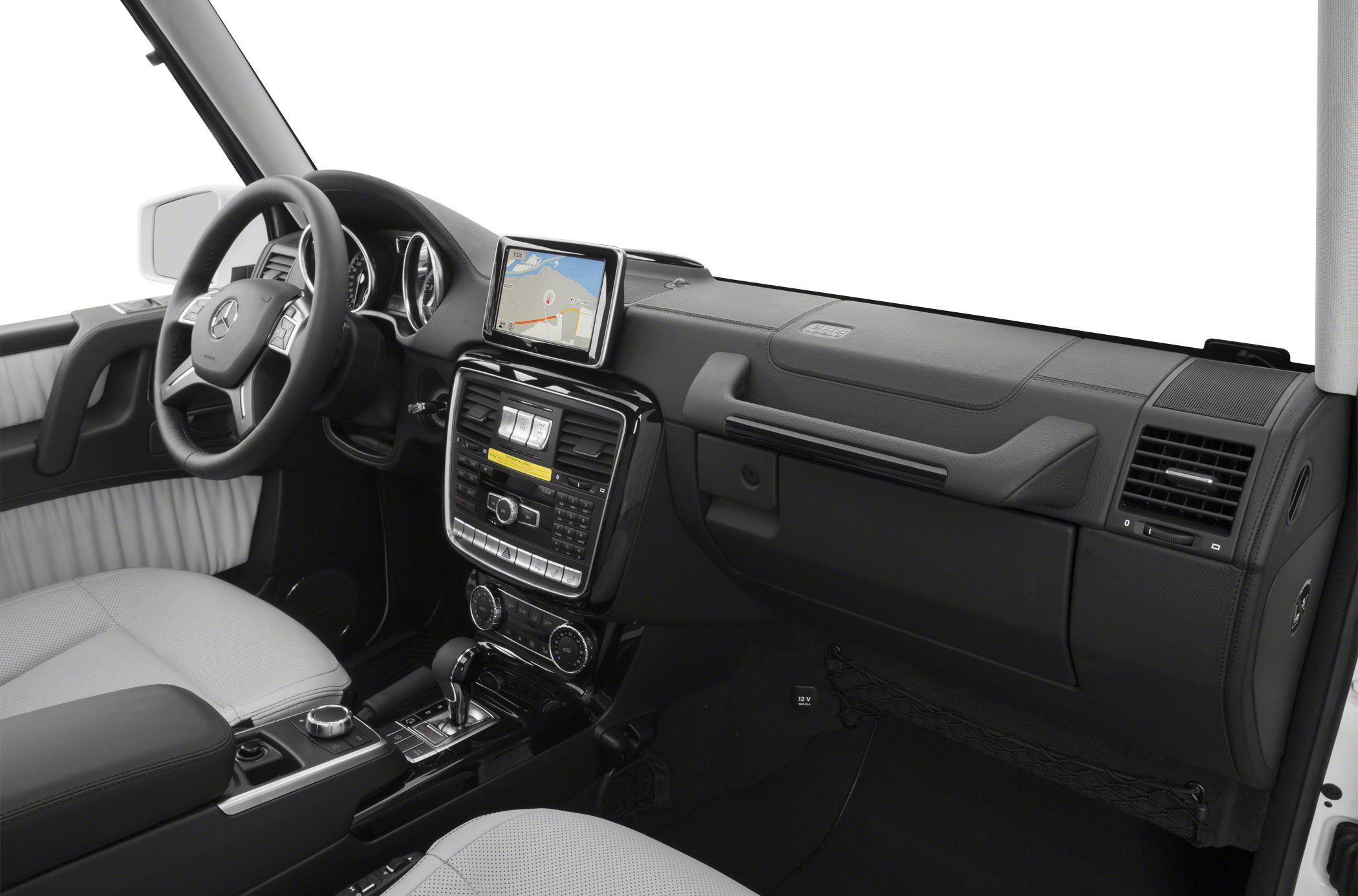 Dashboard, steering wheel, and central touchscreen navigation system
