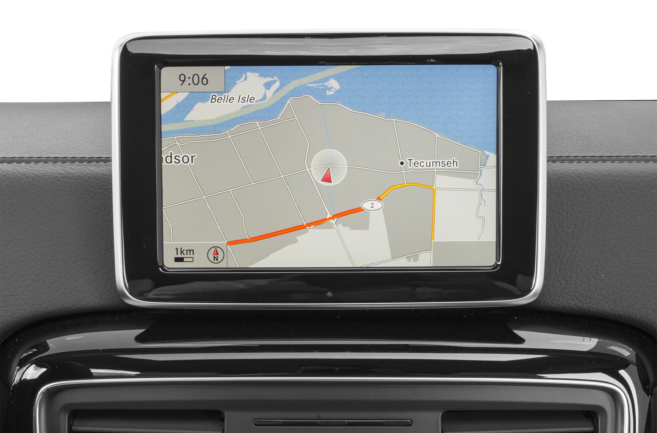 In-car navigation system screen showing map and route