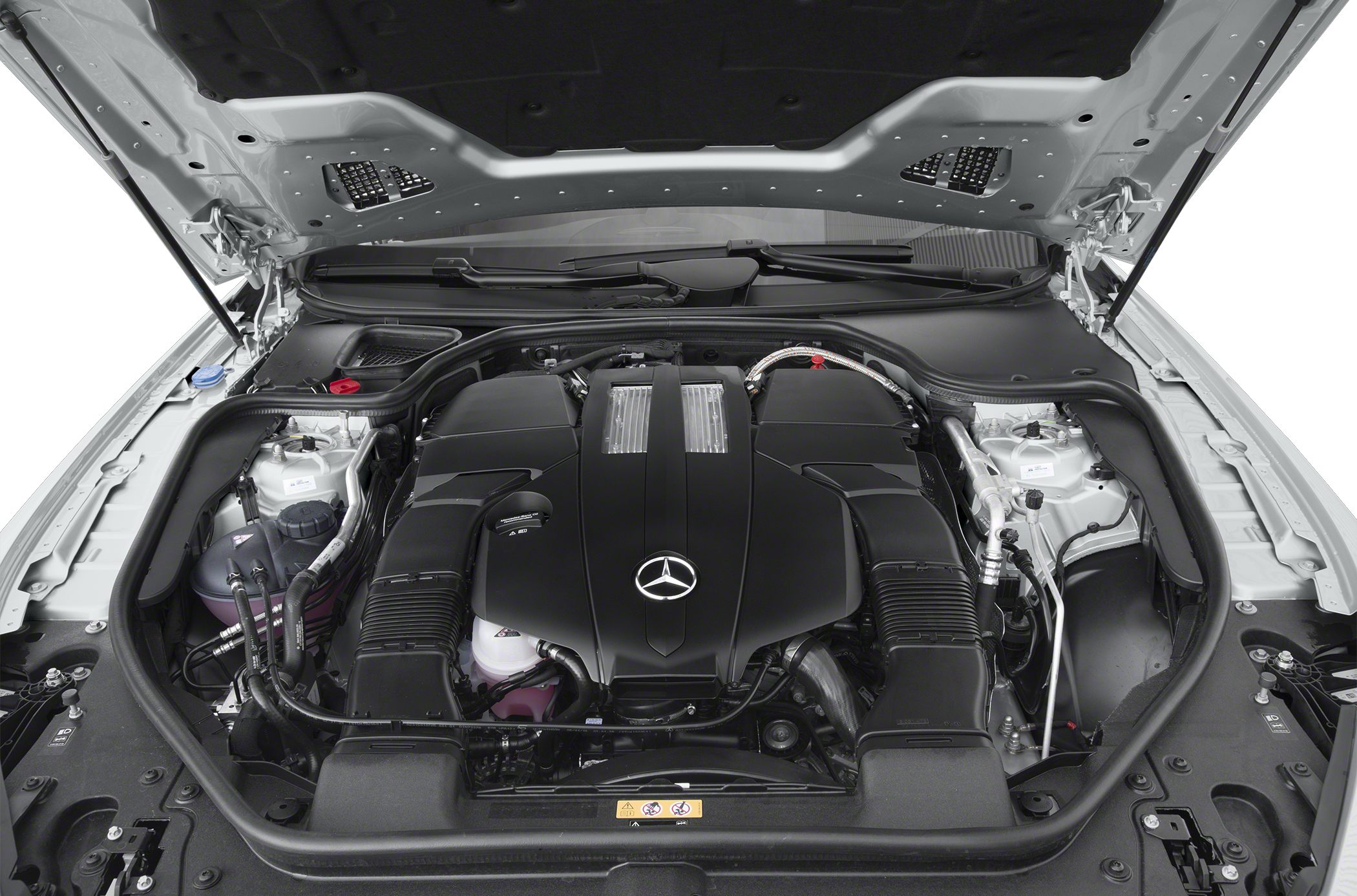 Engine compartment with covered engine and visible components