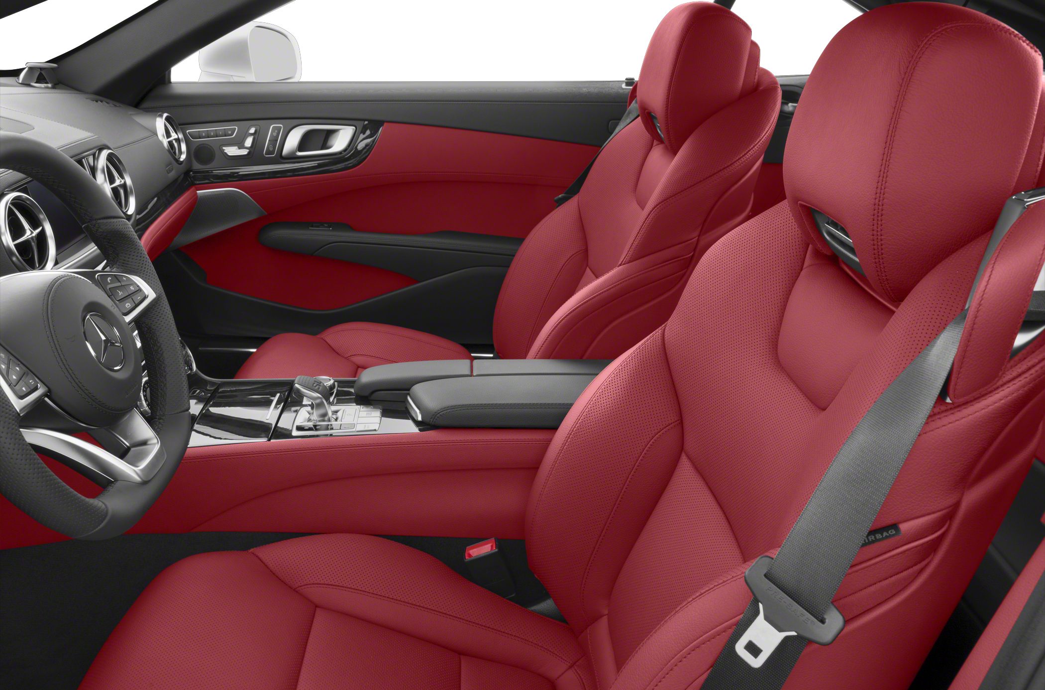 Plush red leather seats and a modern dashboard with advanced controls