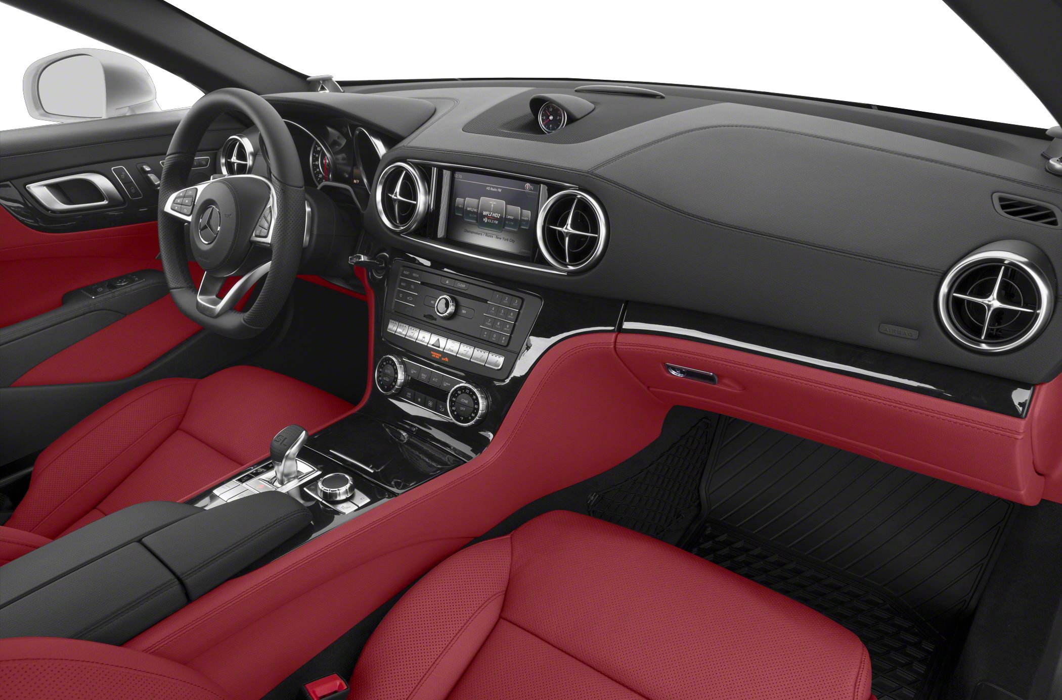 Luxury car interior with red leather seats and modern dashboard